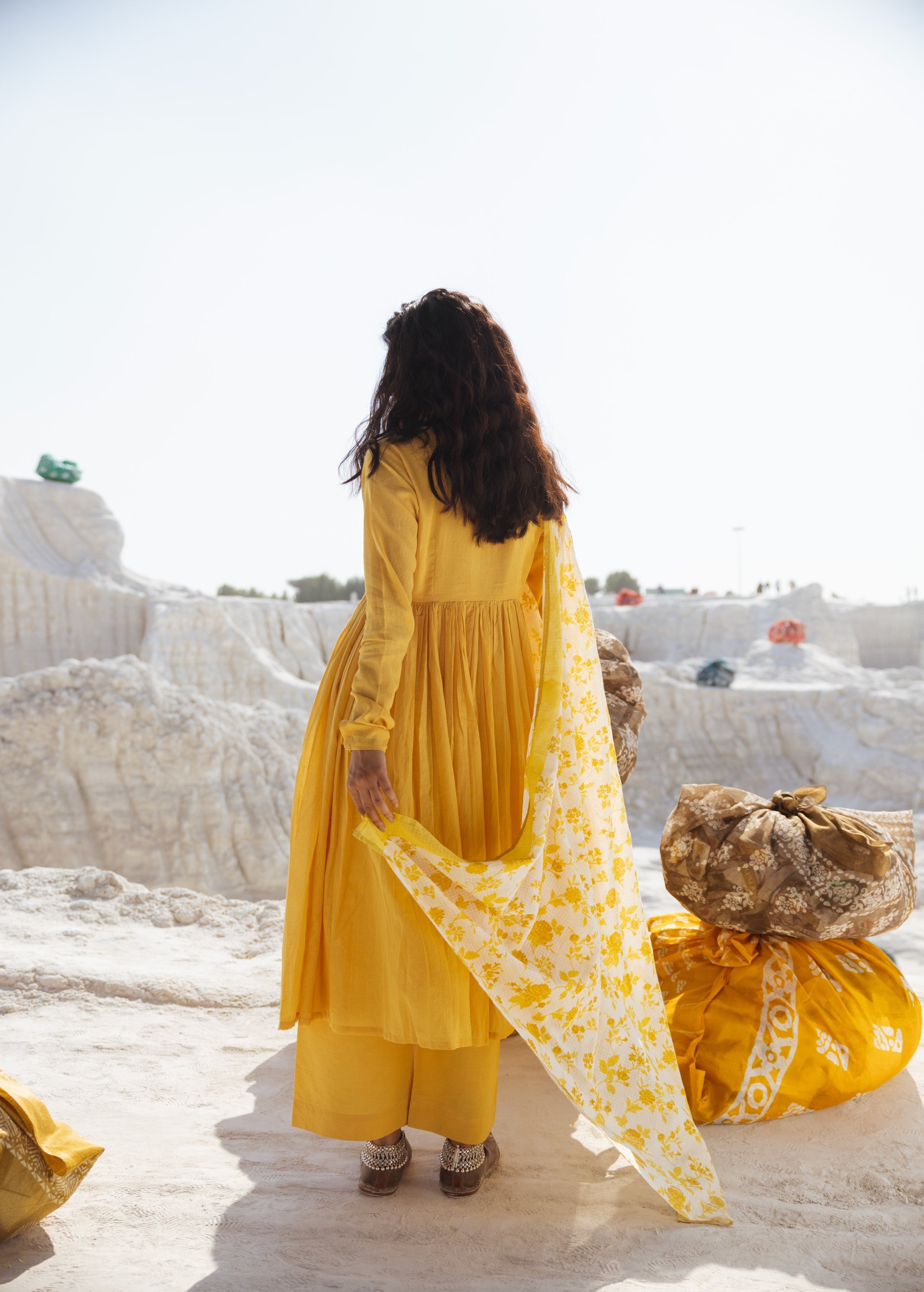 Lemon Yellow Embellished Mul Cotton Anarkali Set