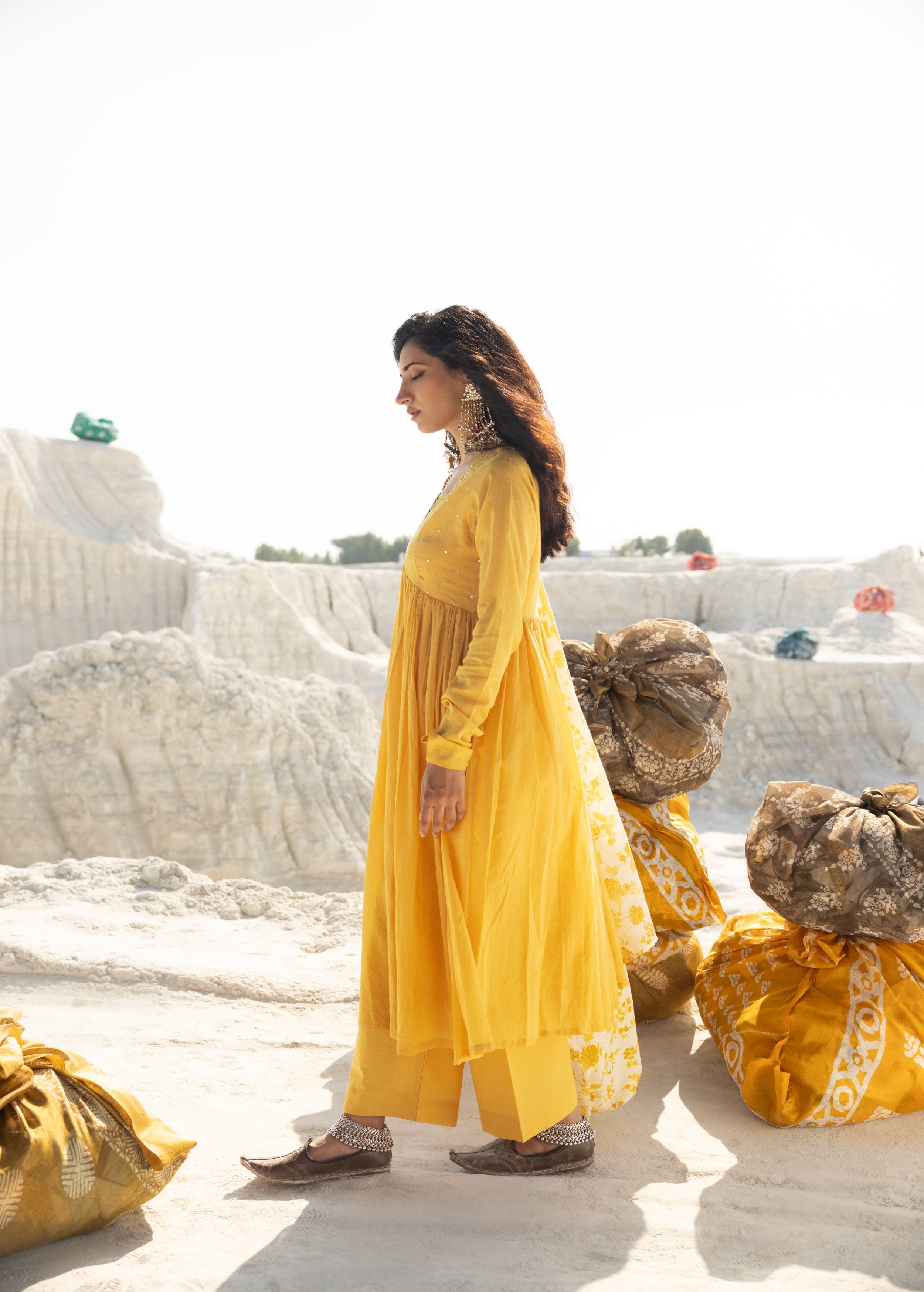 Lemon Yellow Embellished Mul Cotton Anarkali Set