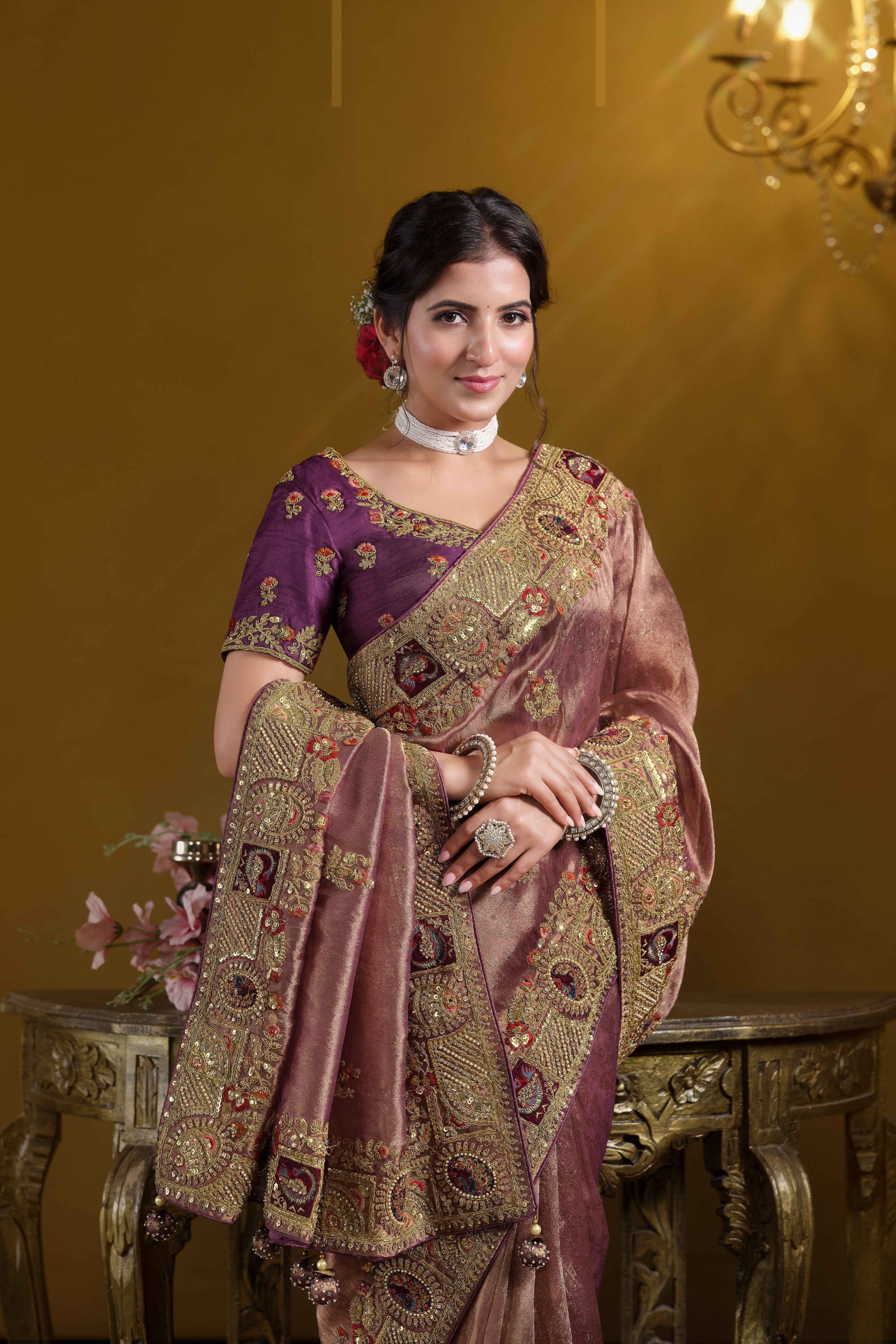 Royal Metallic Purple Embellished Premium Zari Silk Saree