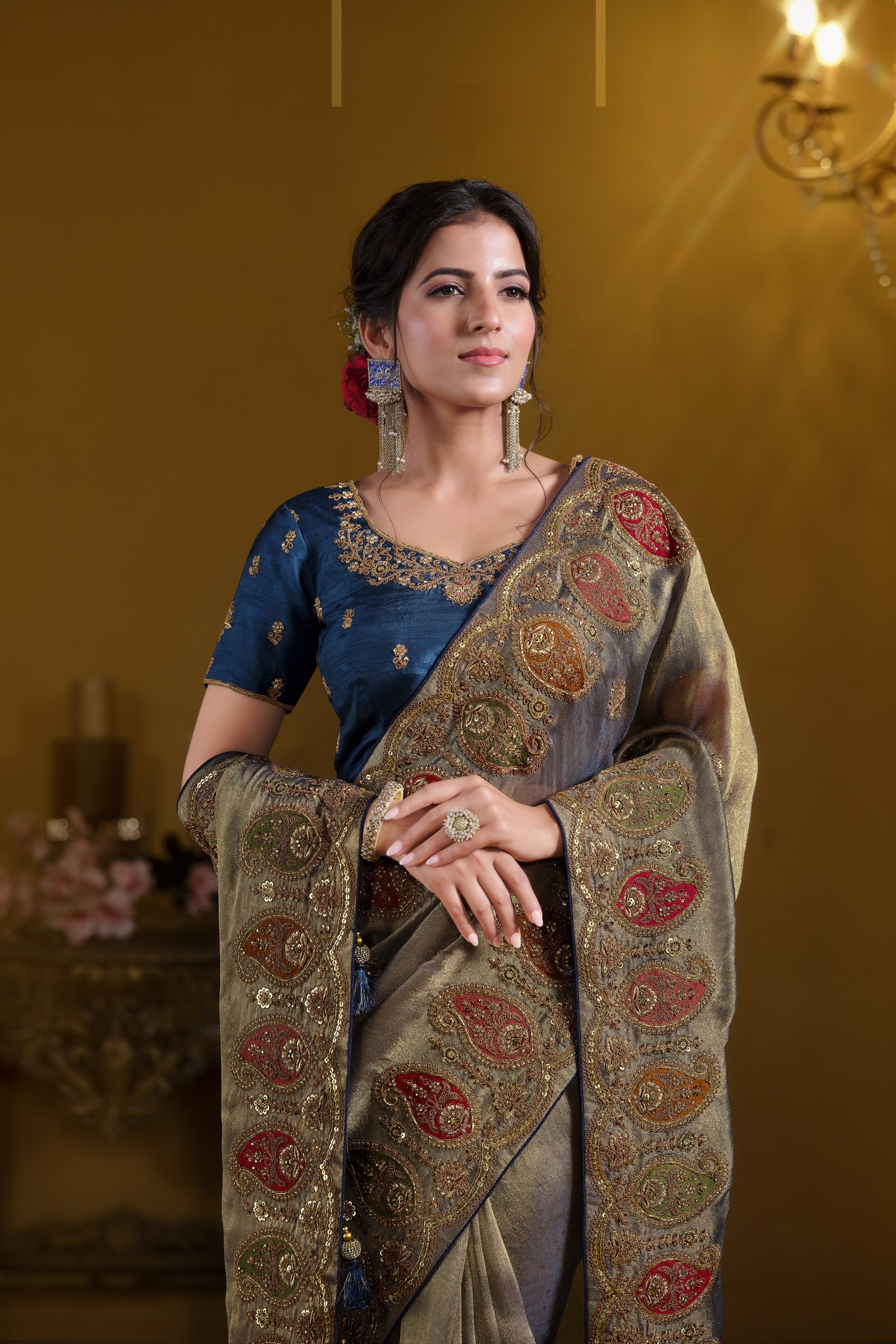 Royal Metallic Teal Blue Embellished Premium Zari Silk Saree
