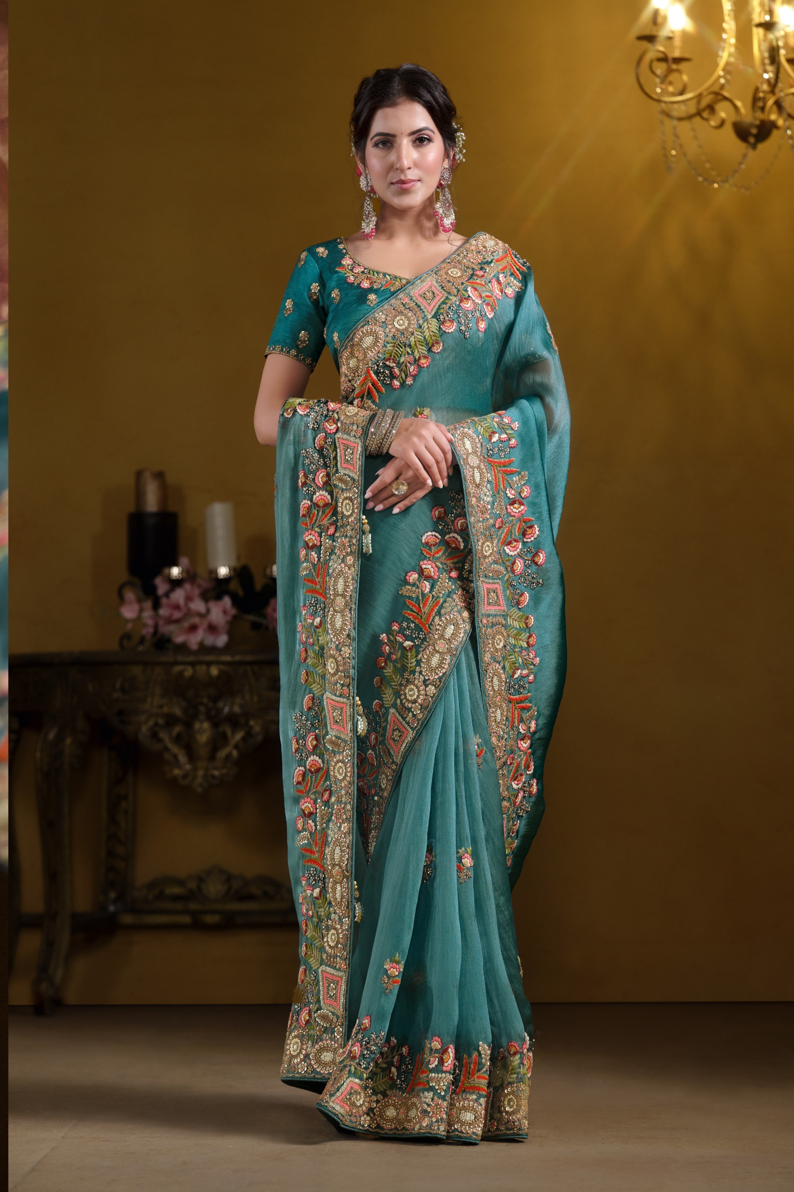 Royal Metallic Teal Blue Embellished Premium Tissue Silk Saree
