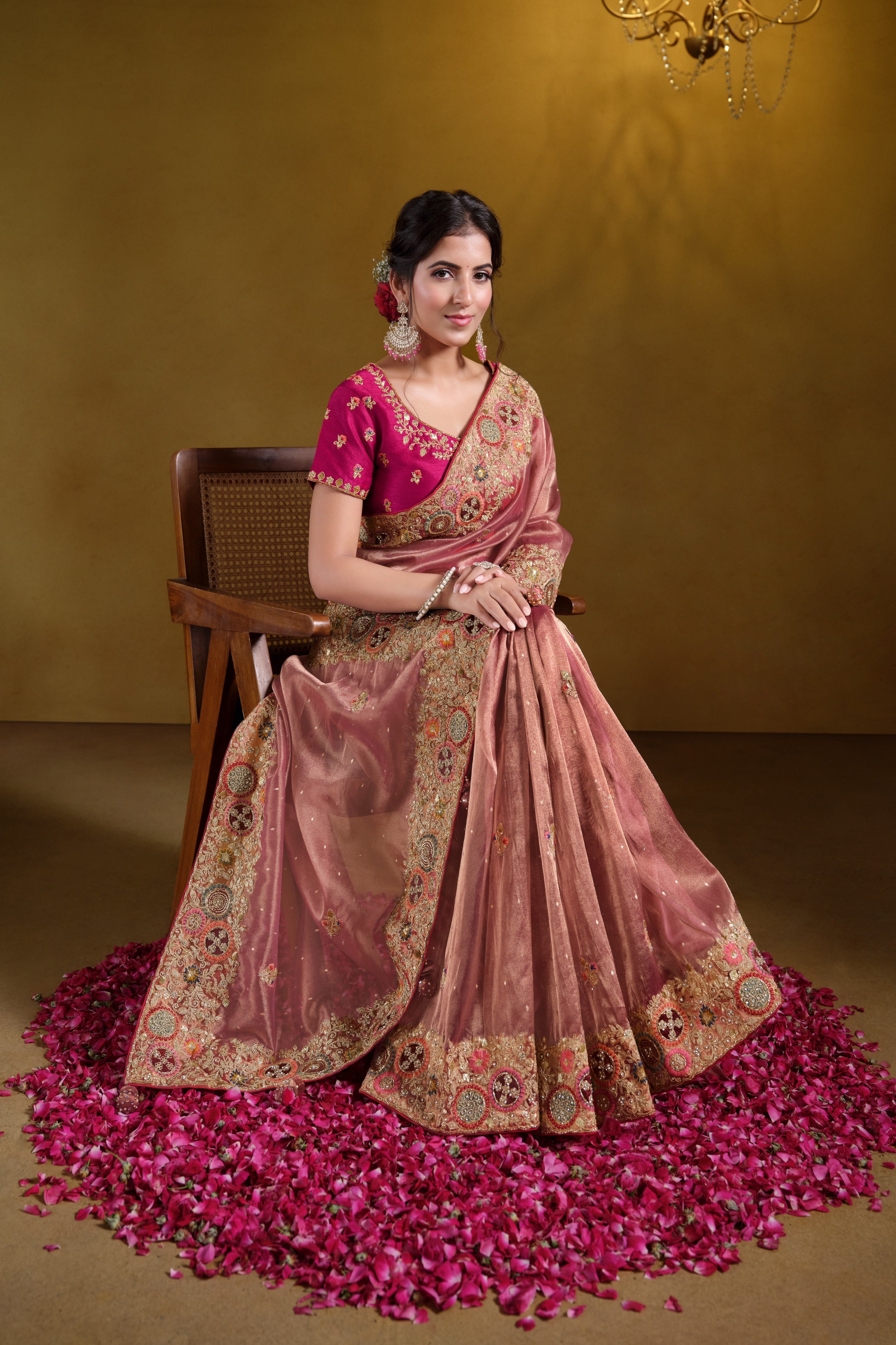 Royal Metallic Peach Embellished Premium Zari Silk Saree