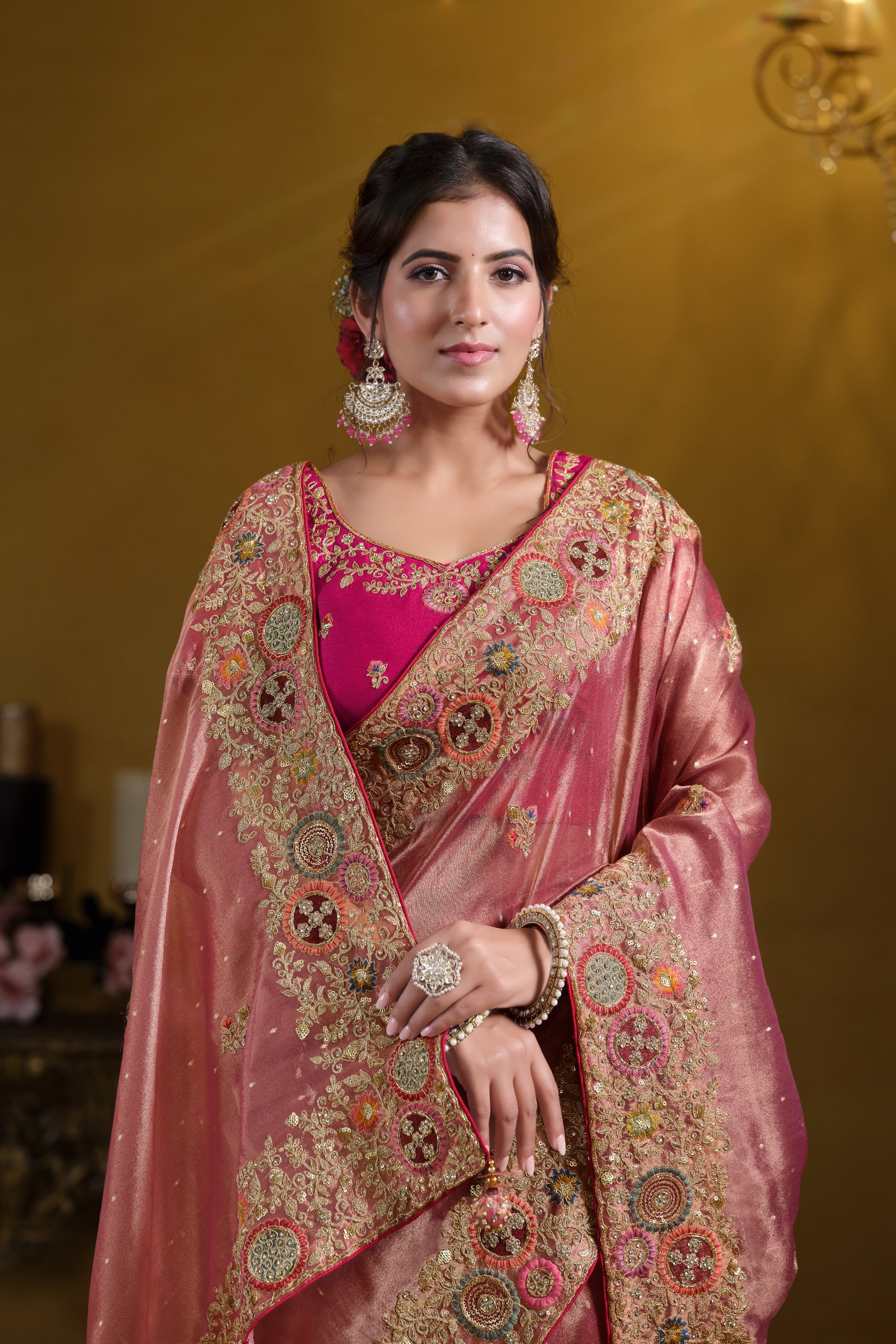 Royal Metallic Peach Embellished Premium Zari Silk Saree