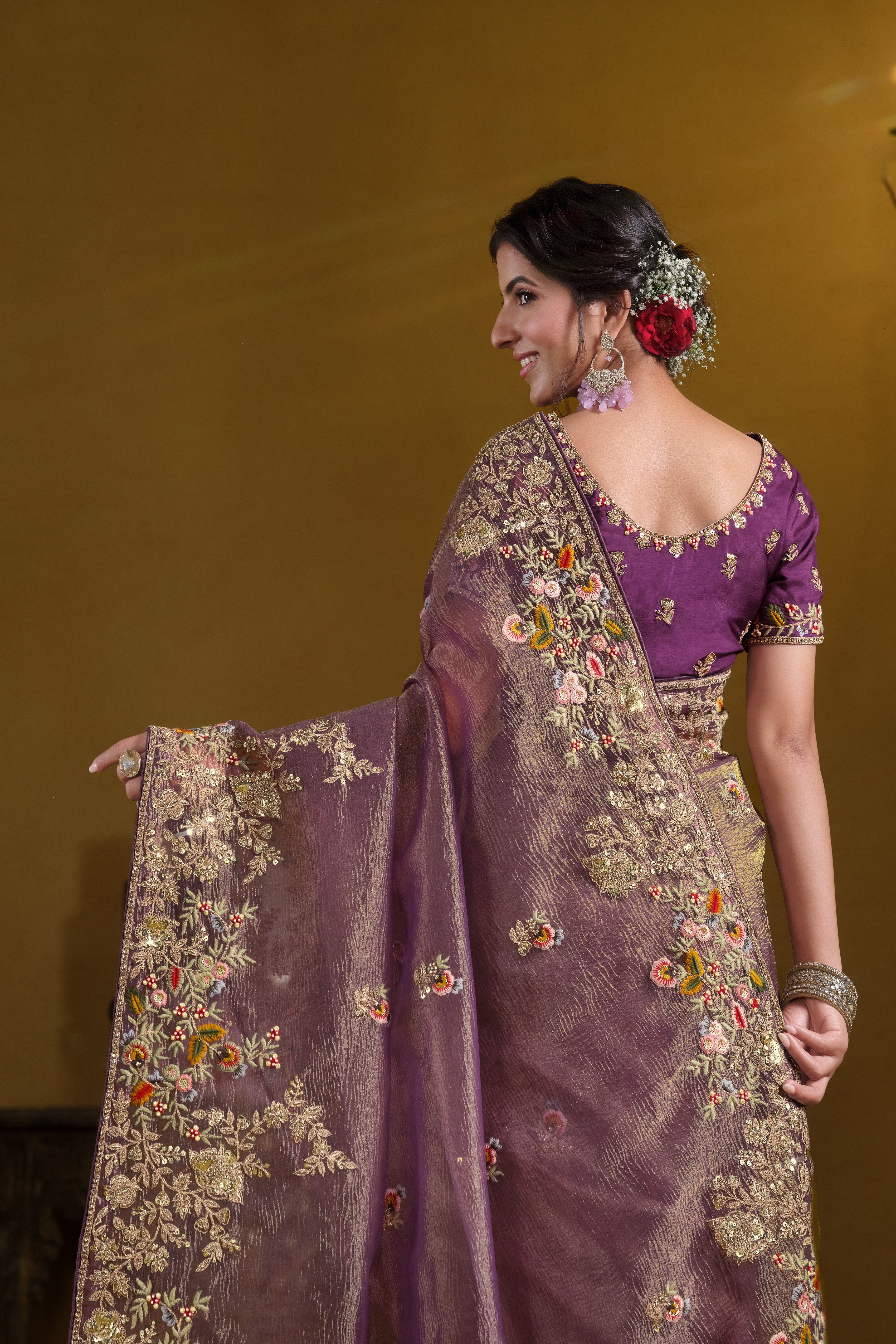 Royal Metallic Purple Embellished  Crush Banarasi Silk Saree