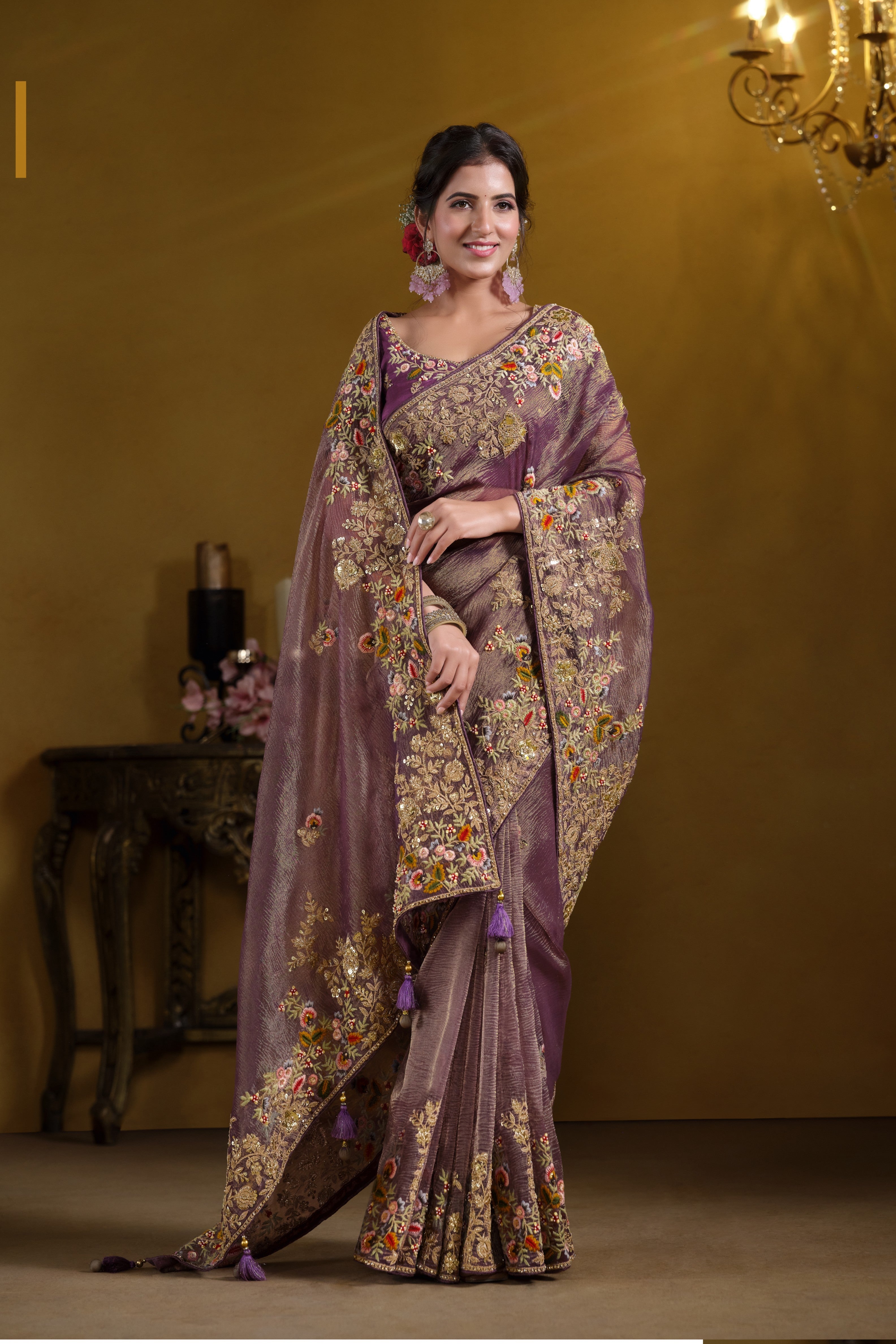Royal Metallic Purple Embellished  Crush Banarasi Silk Saree