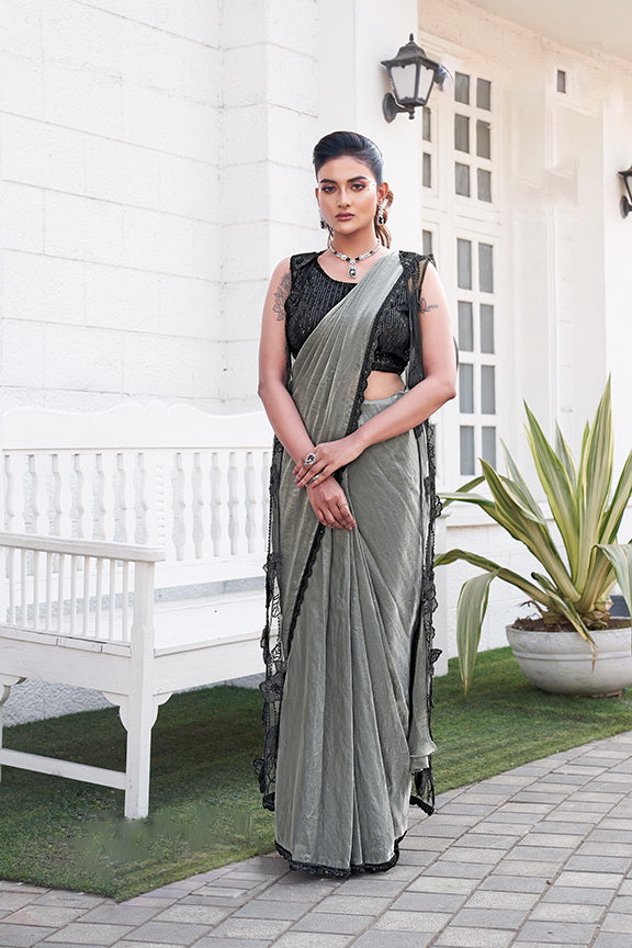 Silver Slate Embellished Satin Silk Saree