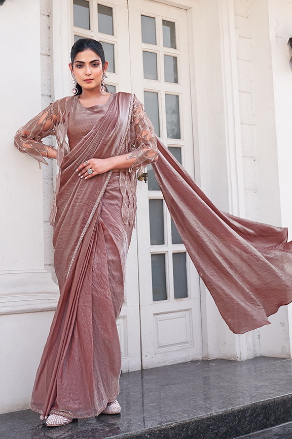Mauve Metallic Embellished Satin Silk Saree
