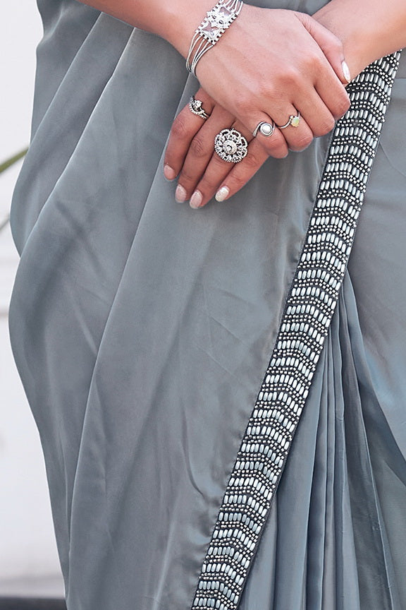 Dusty Grey Embellished Satin Silk Saree