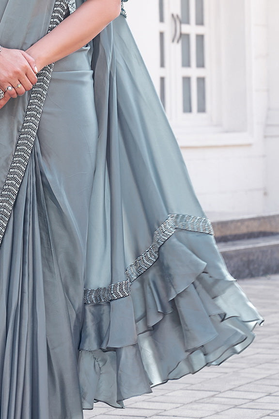 Dusty Grey Embellished Satin Silk Saree