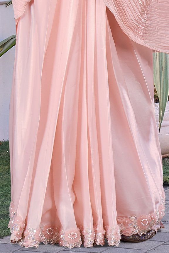 Peach Ripple Embellished Crepe Satin Silk Saree