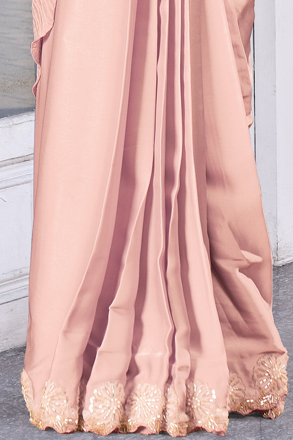 Nude Peach Ripple Embellished Crepe Satin Silk Saree