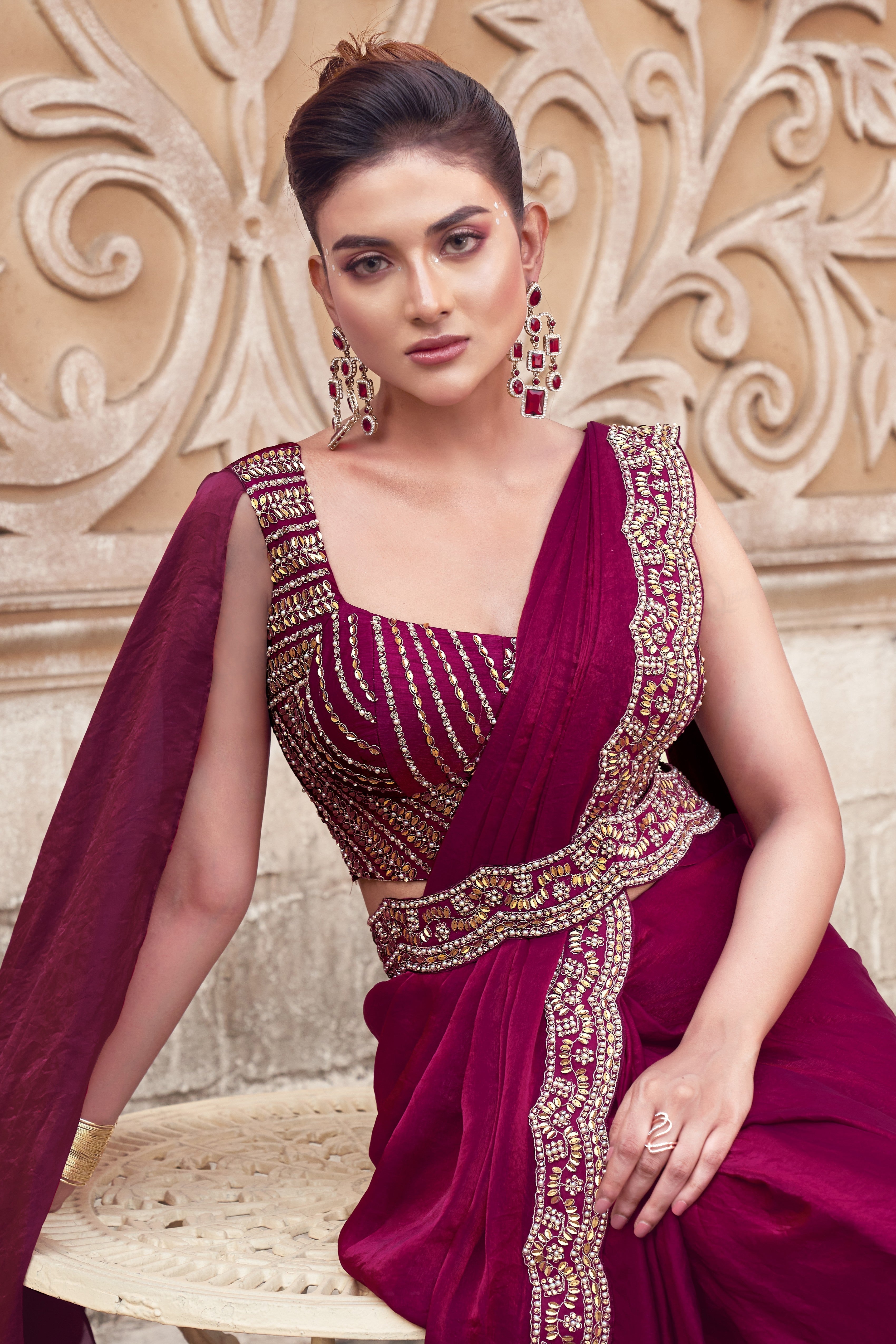 Maroon Embellished Premium Satin Silk Saree