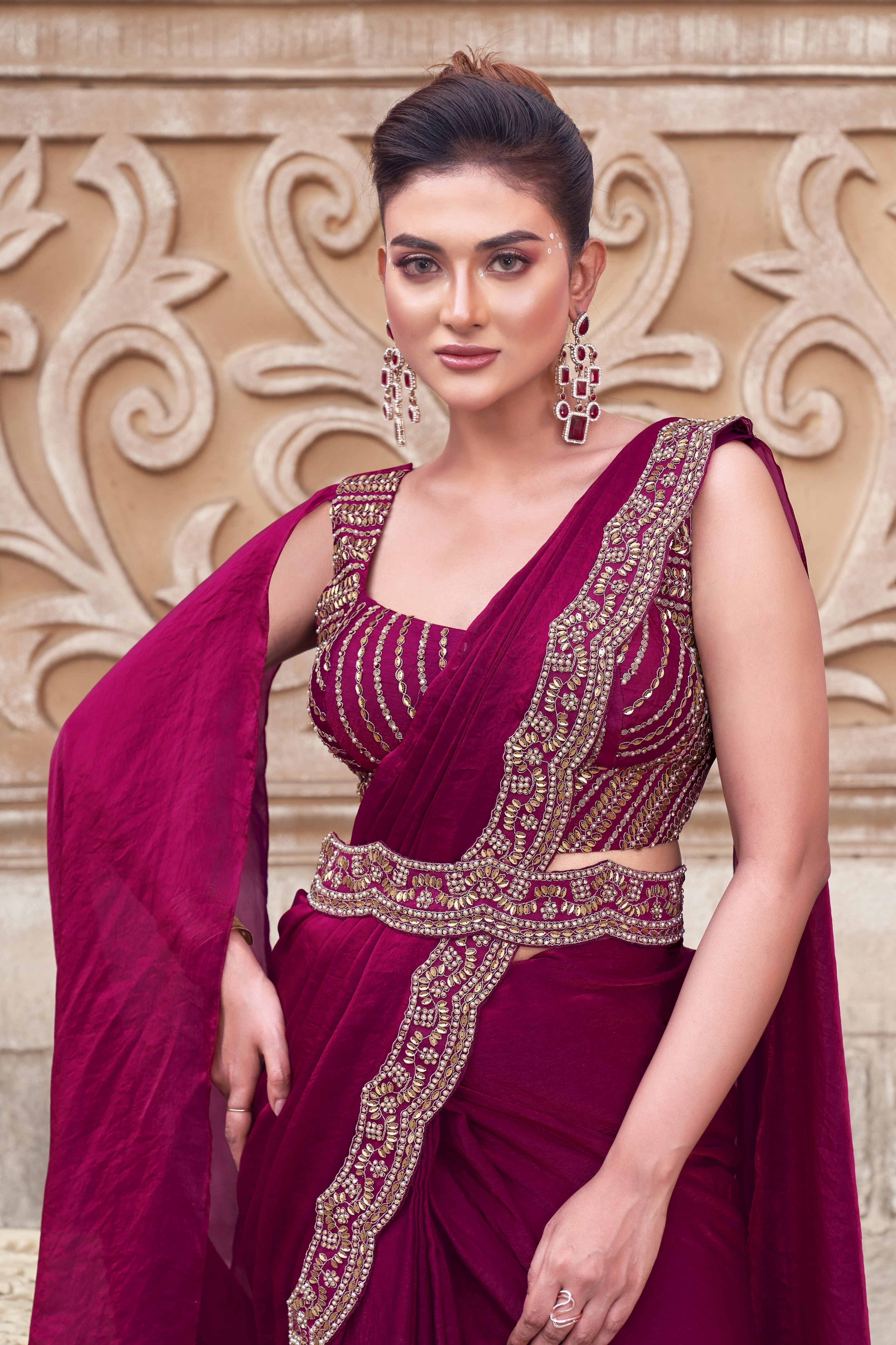 Maroon Embellished Premium Satin Silk Saree
