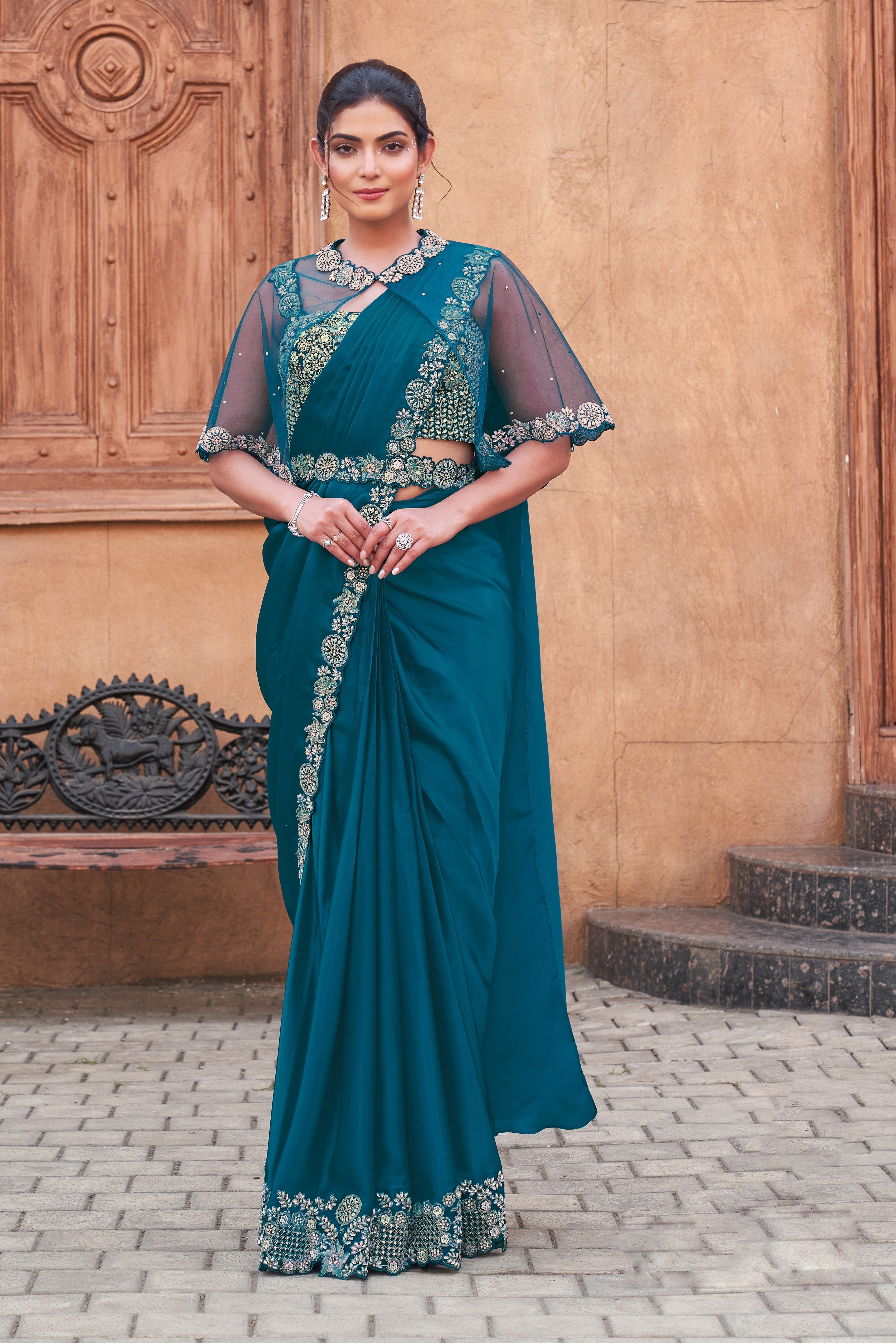 Teal Blue Embellished Premium Satin Silk Saree
