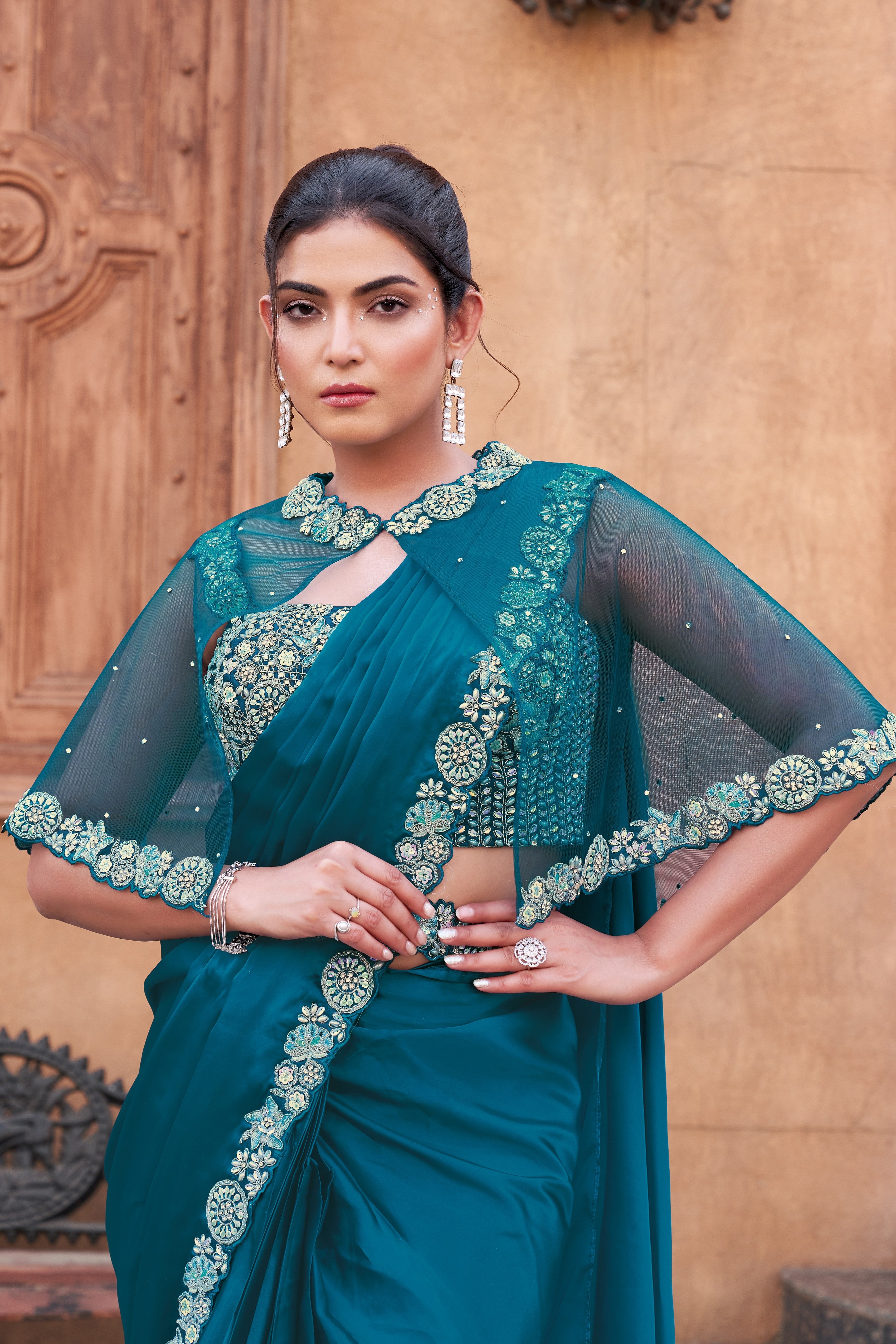 Teal Blue Embellished Premium Satin Silk Saree