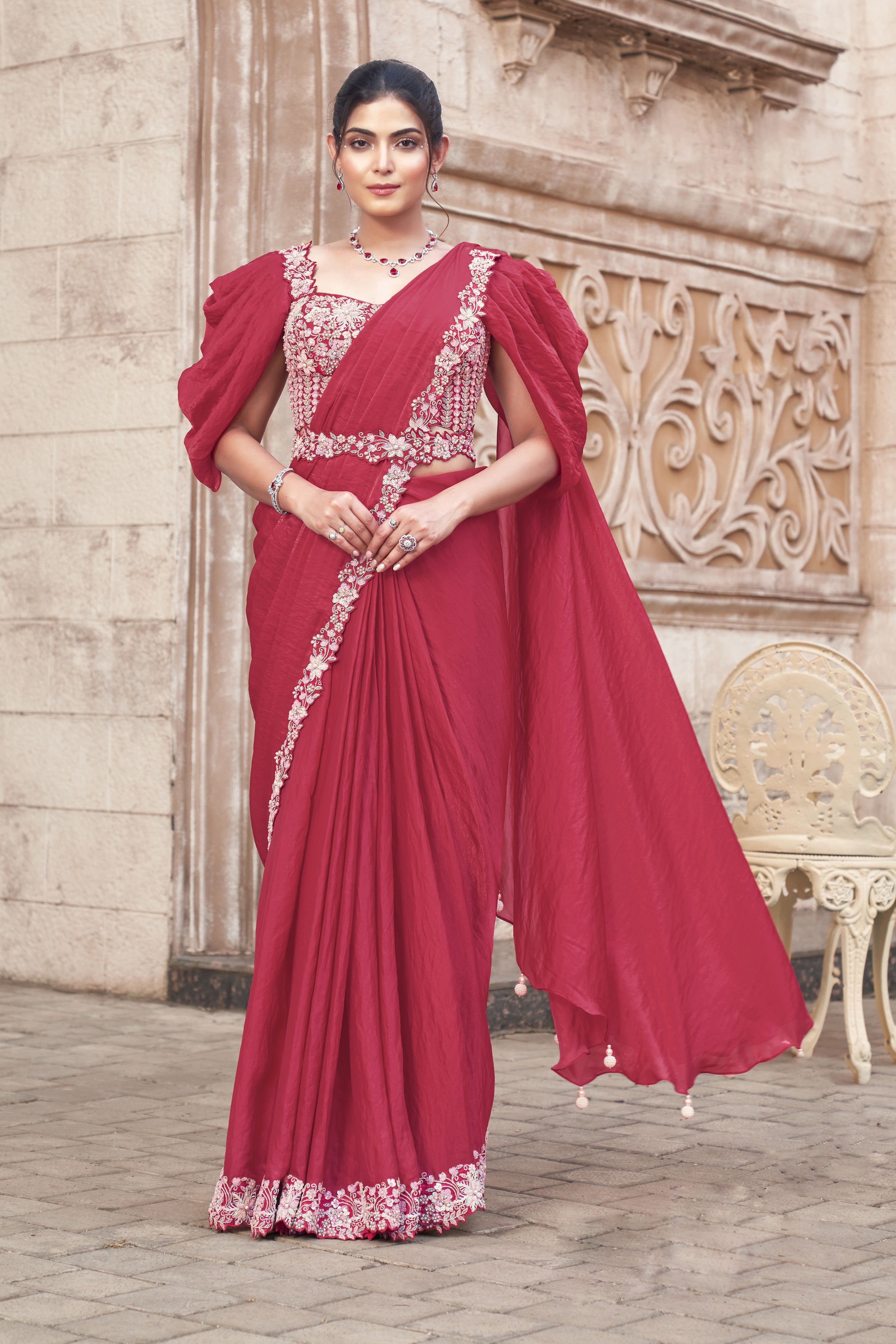 Ruby Pink Embellished Premium Satin Silk Saree