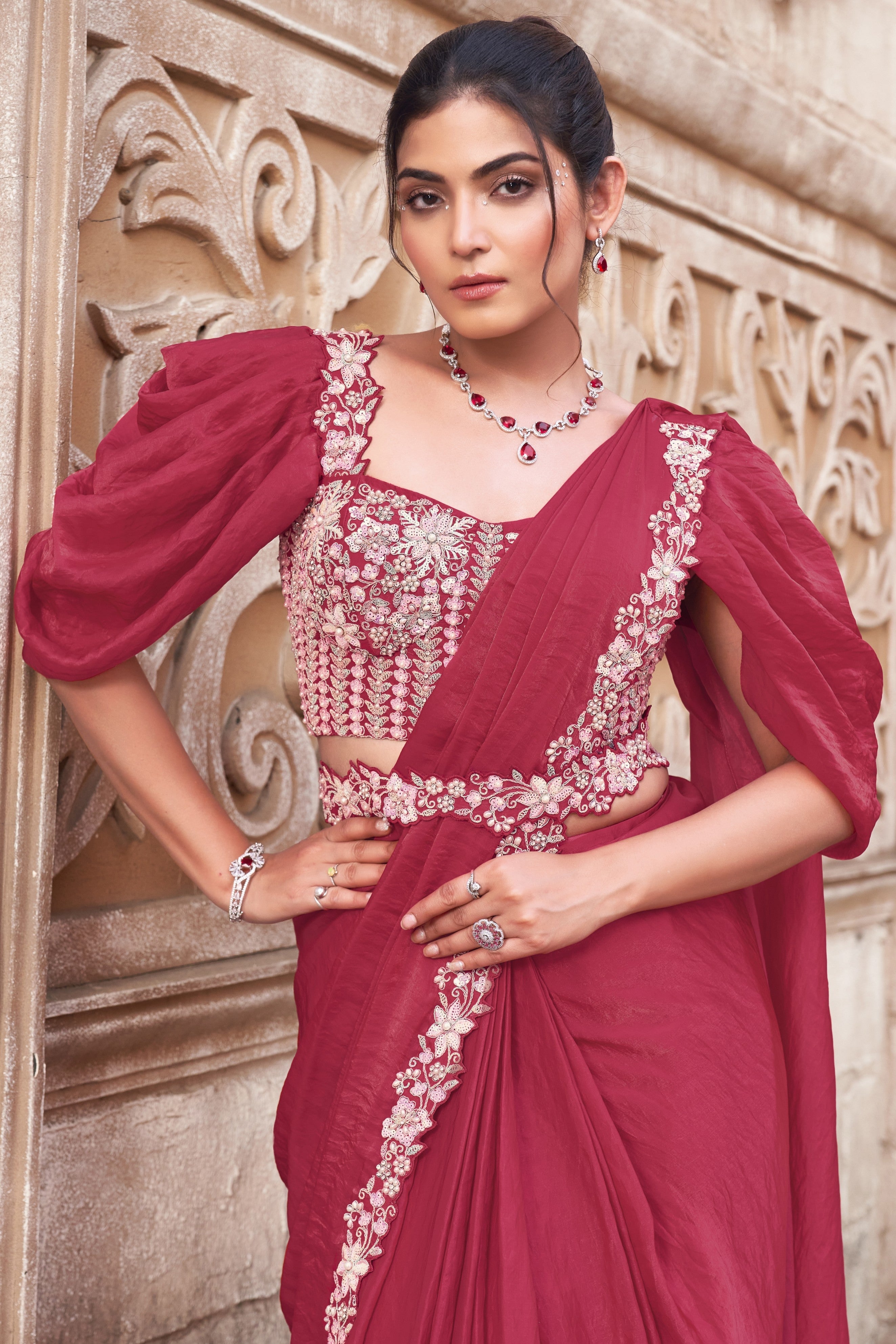 Ruby Pink Embellished Premium Satin Silk Saree