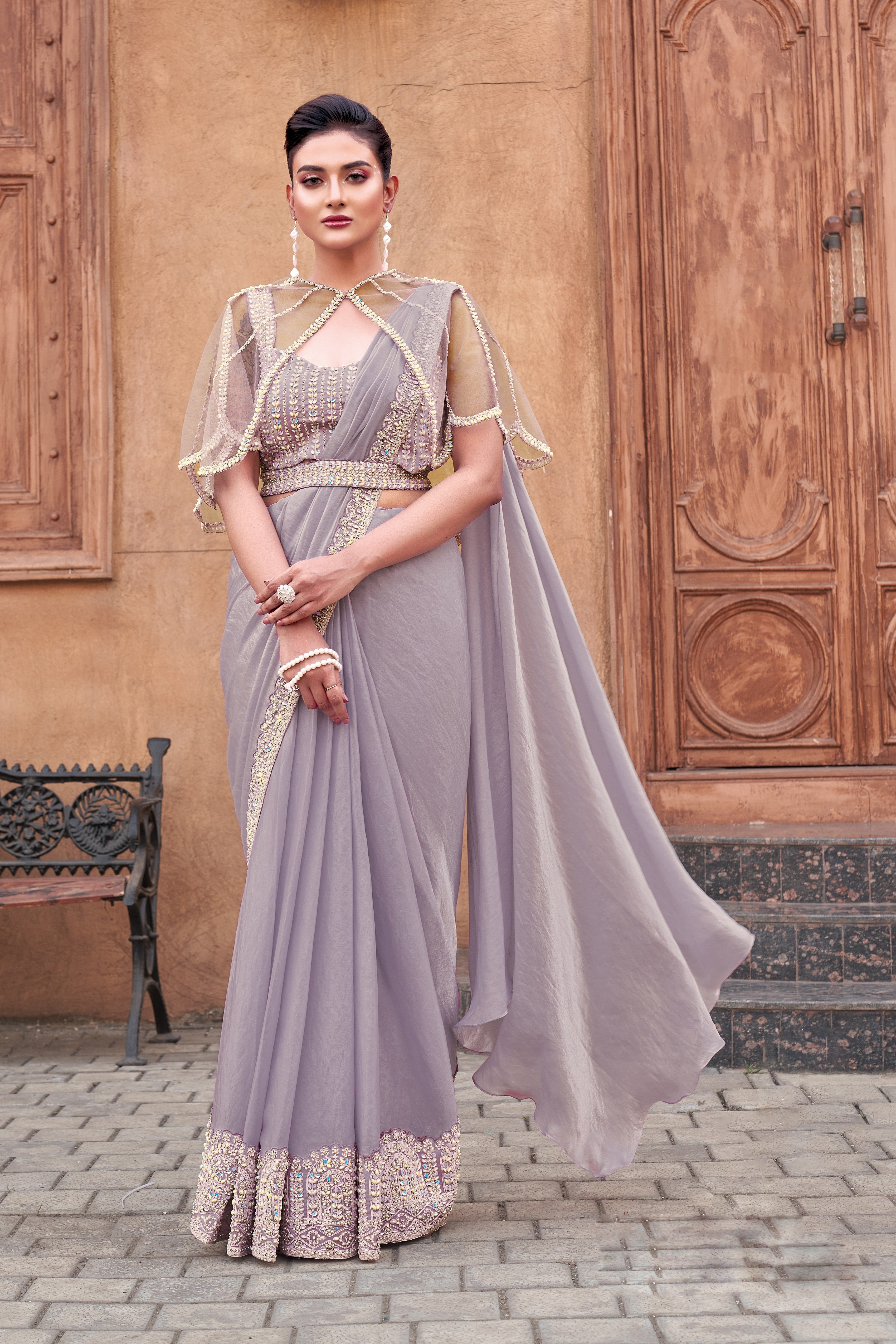 Designer lavender Embellished Premium Satin Silk Saree