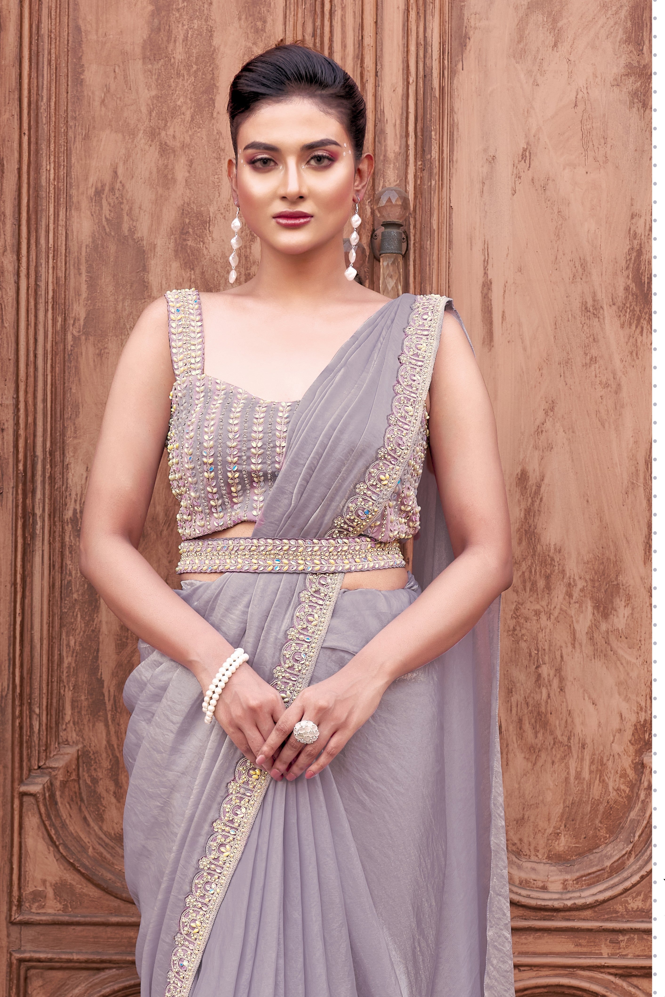 Designer lavender Embellished Premium Satin Silk Saree