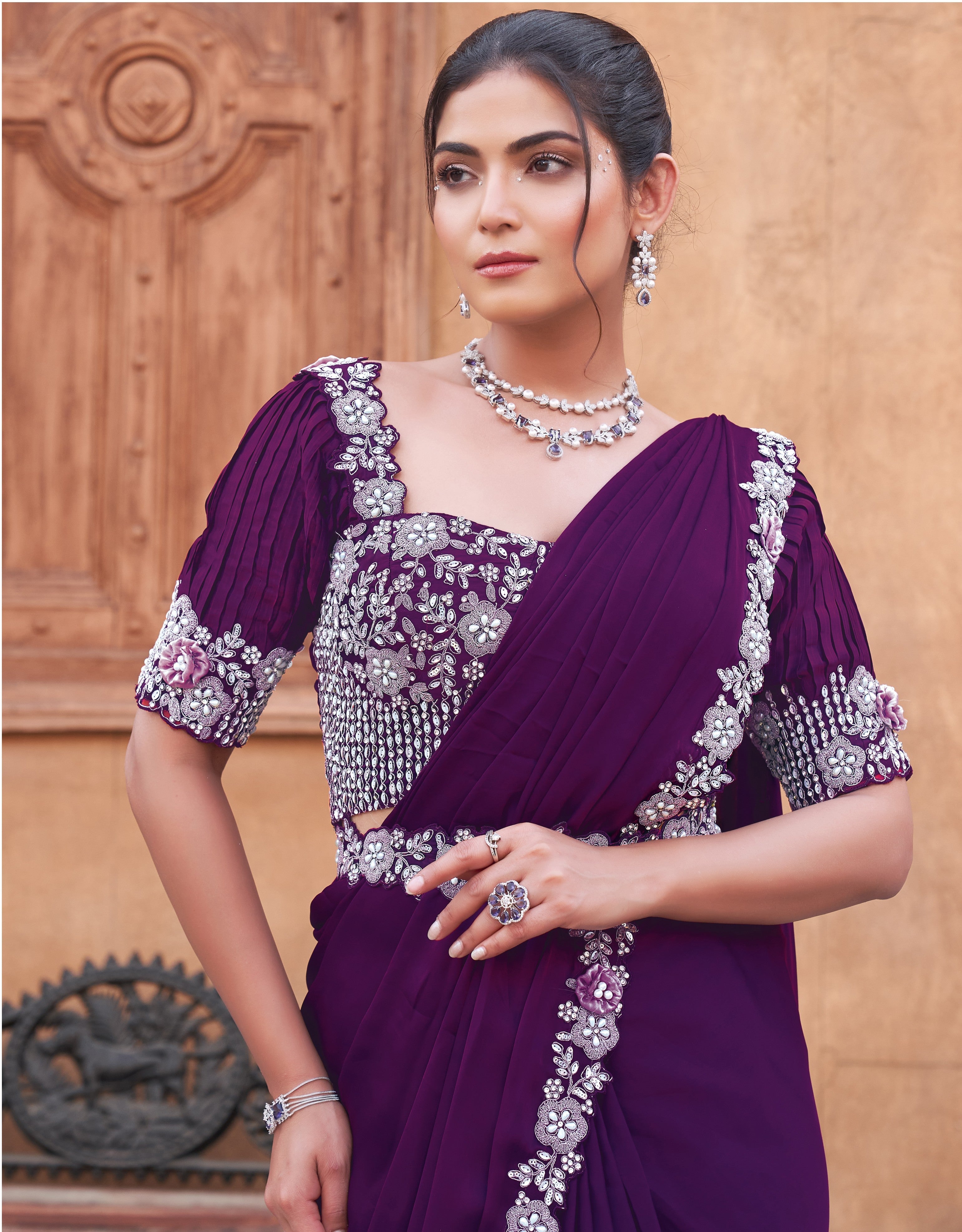 Deep Purple Embellished Premium Satin Silk Saree
