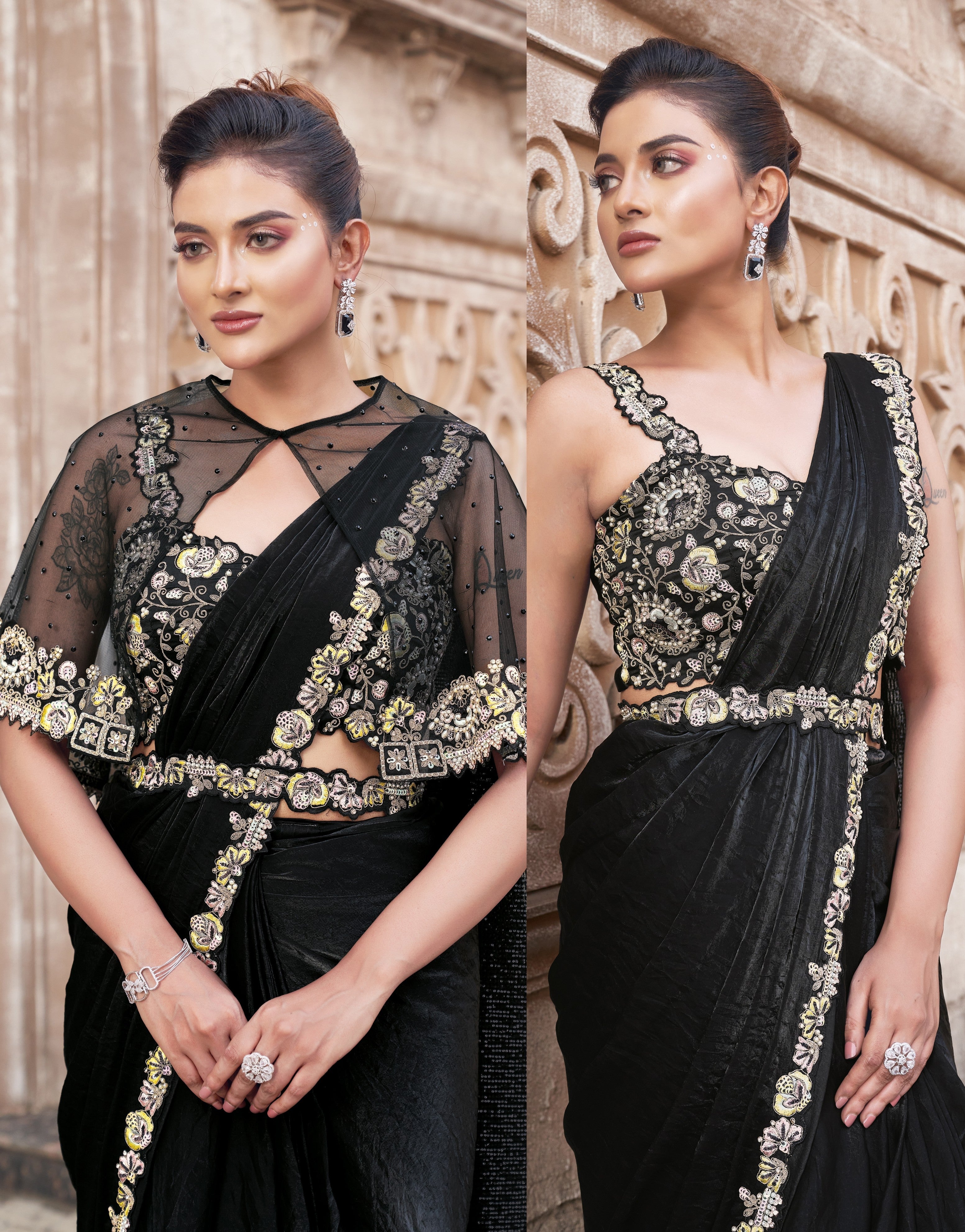 Hot Black Embellished Premium Satin Silk Saree