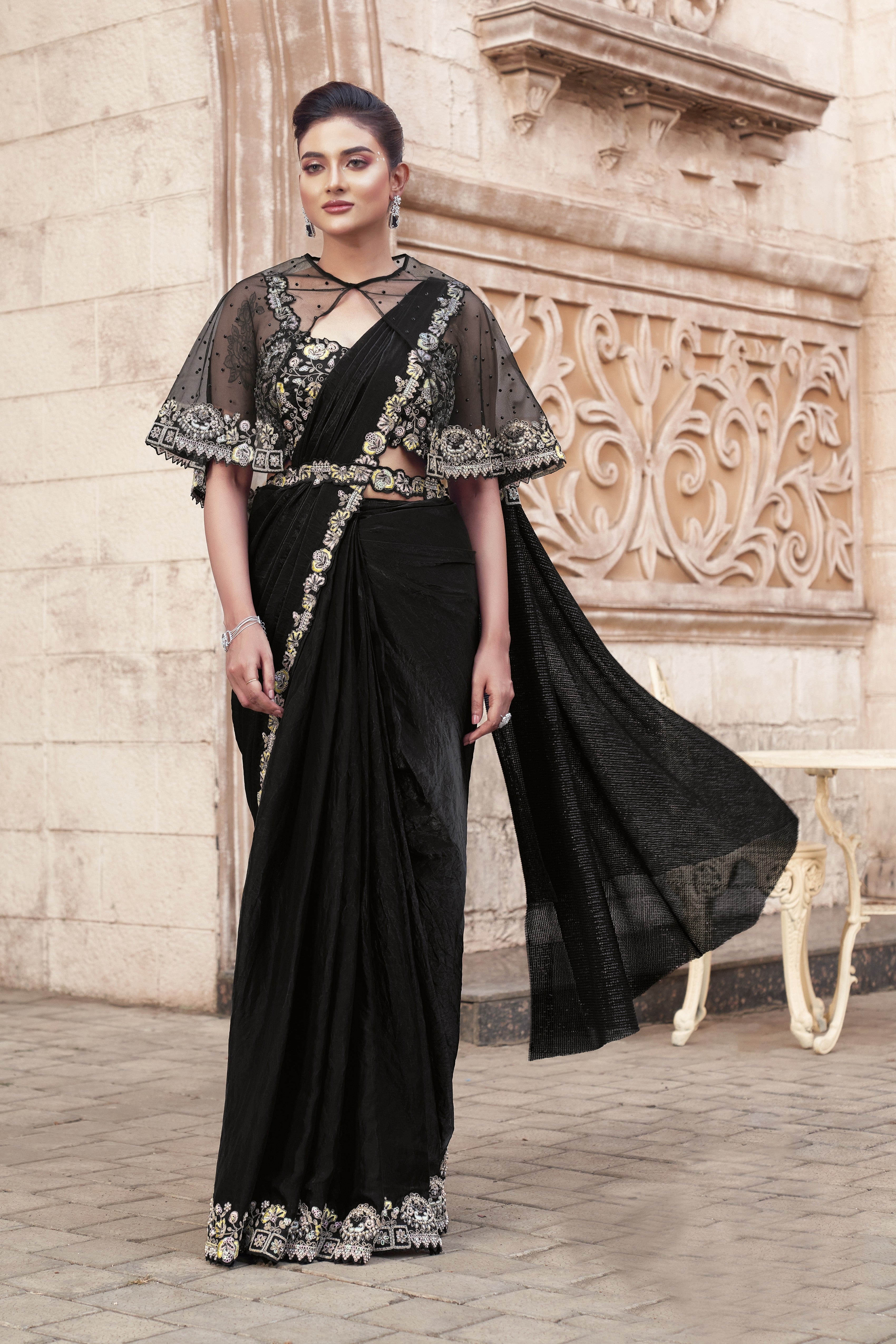 Hot Black Embellished Premium Satin Silk Saree
