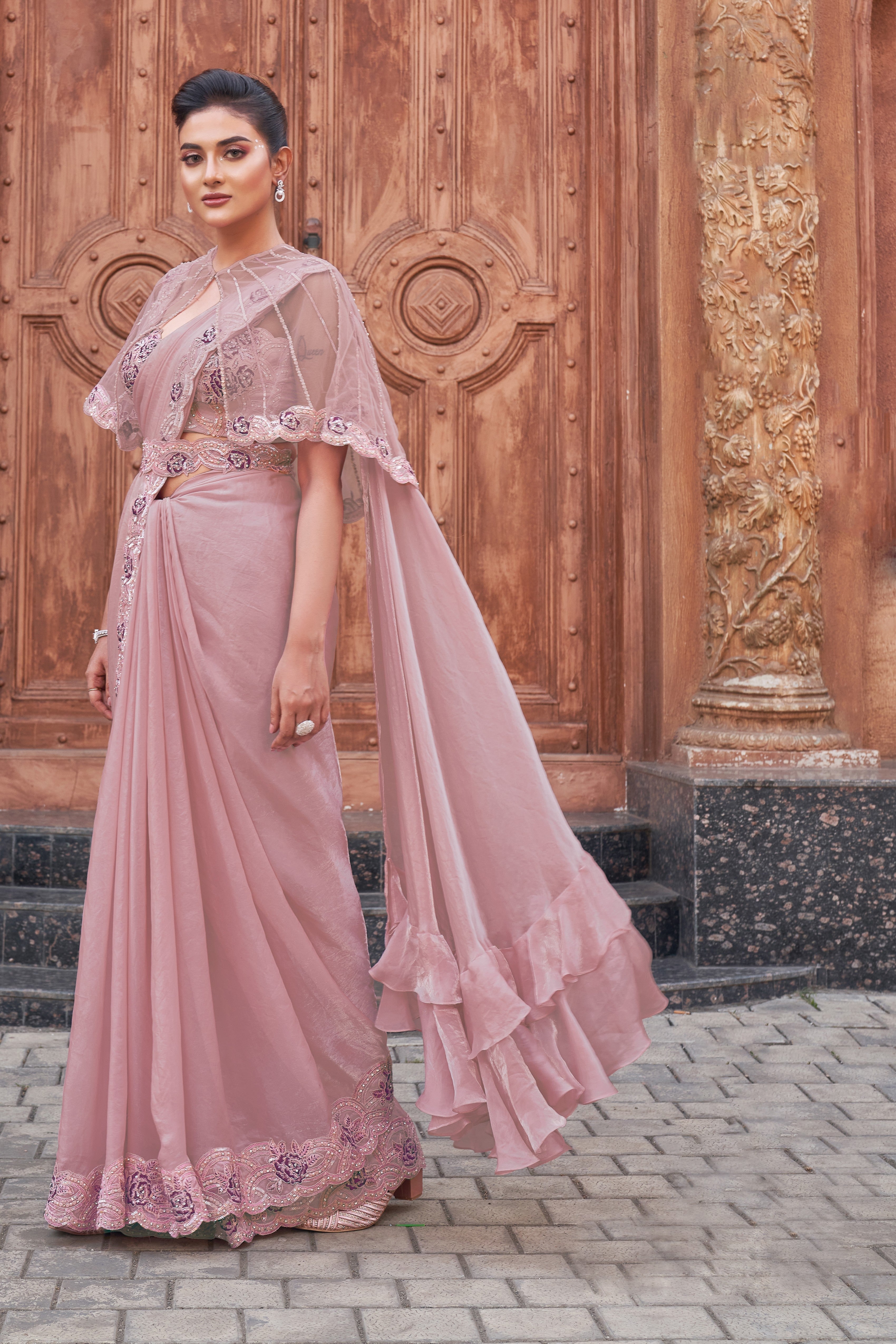 Baby Pink Embellished Premium Satin Silk Draped Saree