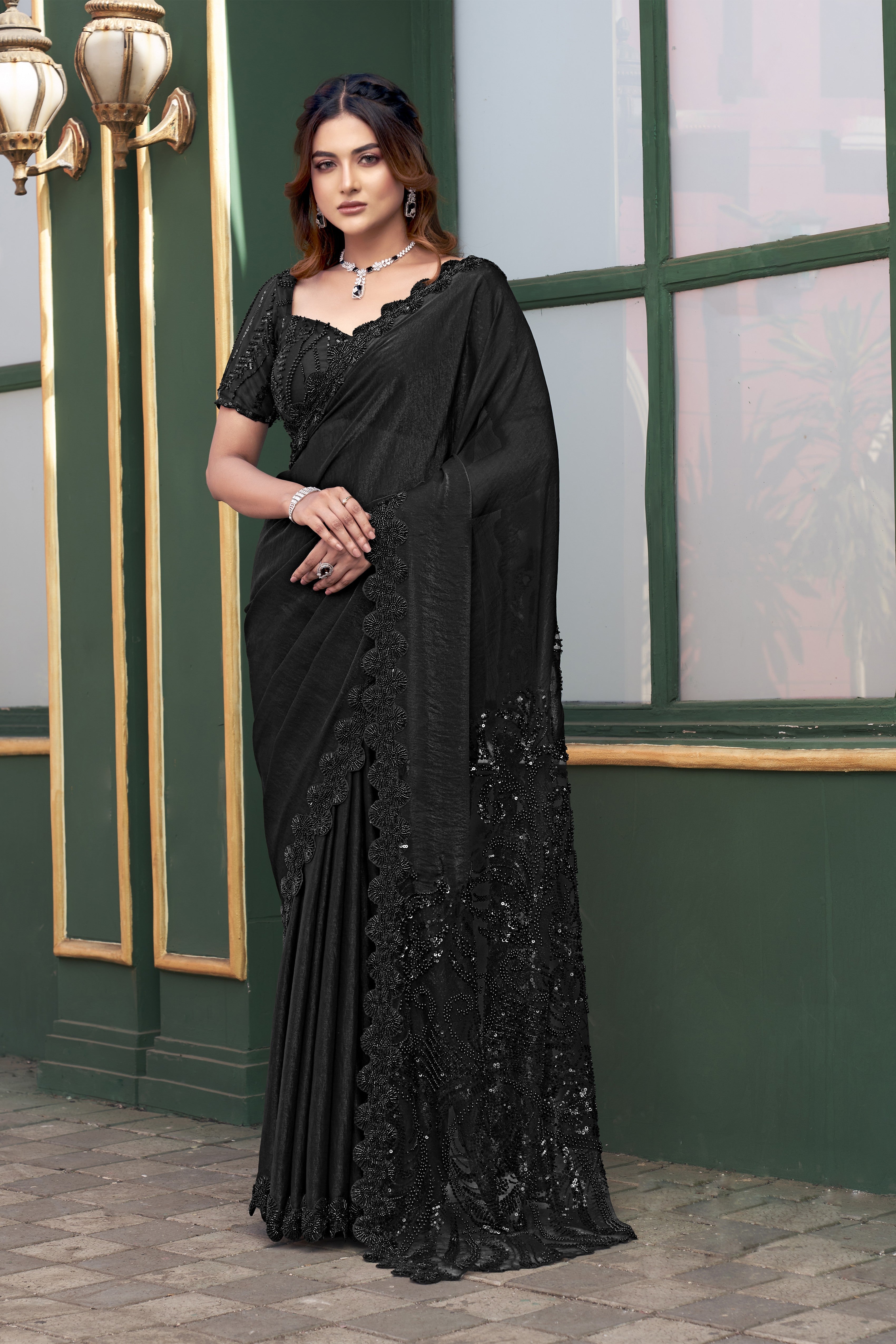 Black Embellished Premium Sequins Satin Designer Saree