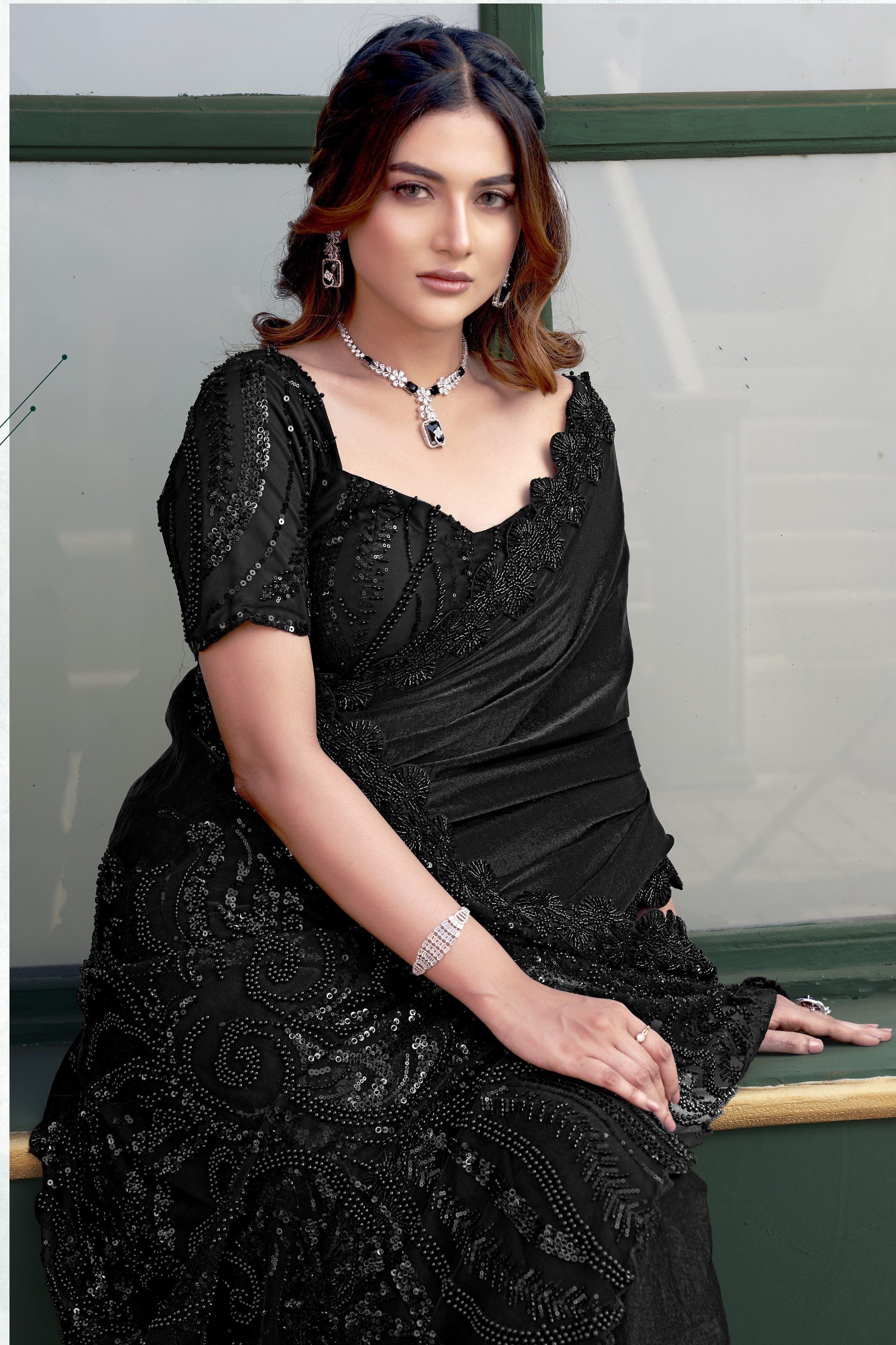 Black Embellished Premium Sequins Satin Designer Saree