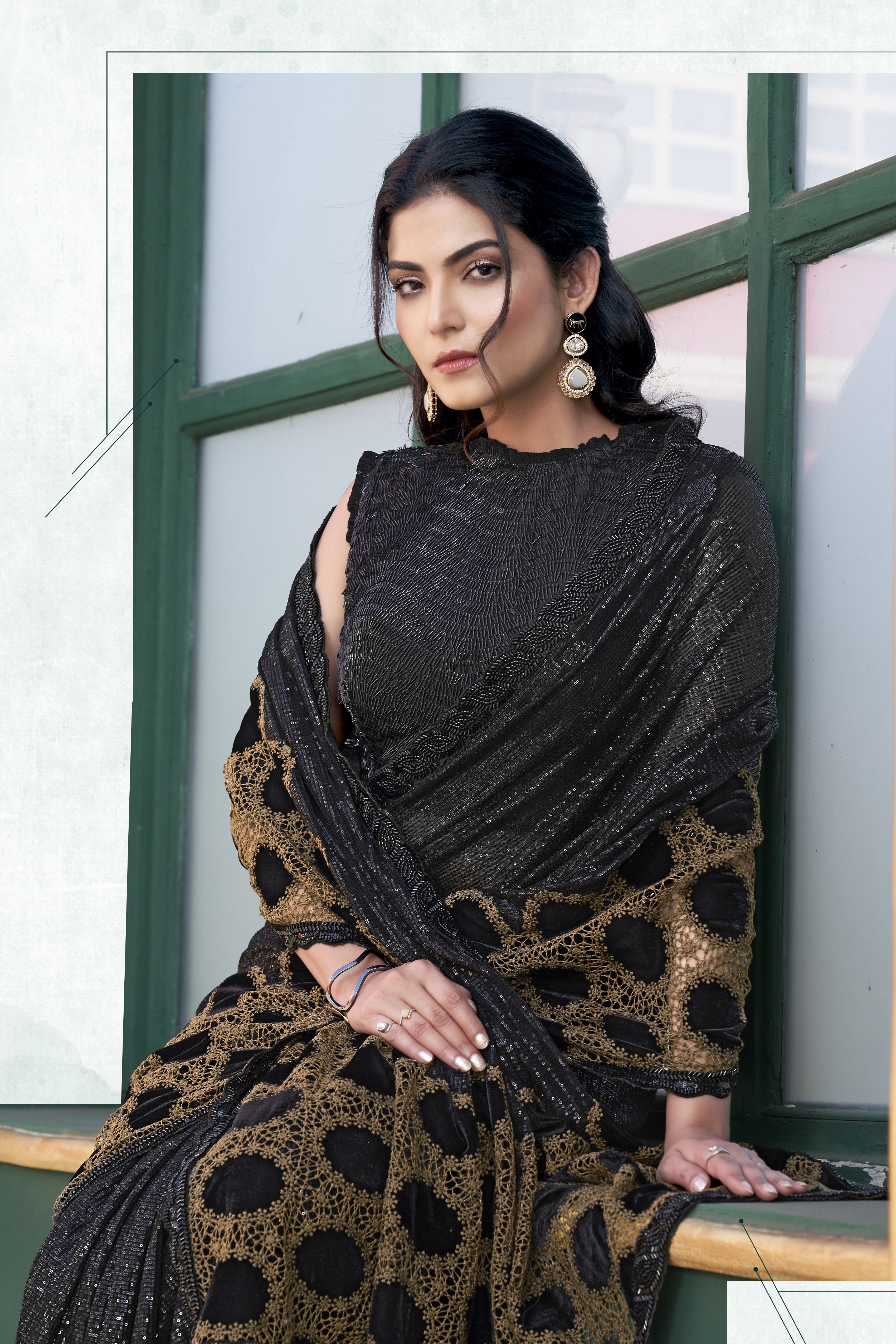Black Embellished Premium Sequins Velvet Designer Saree