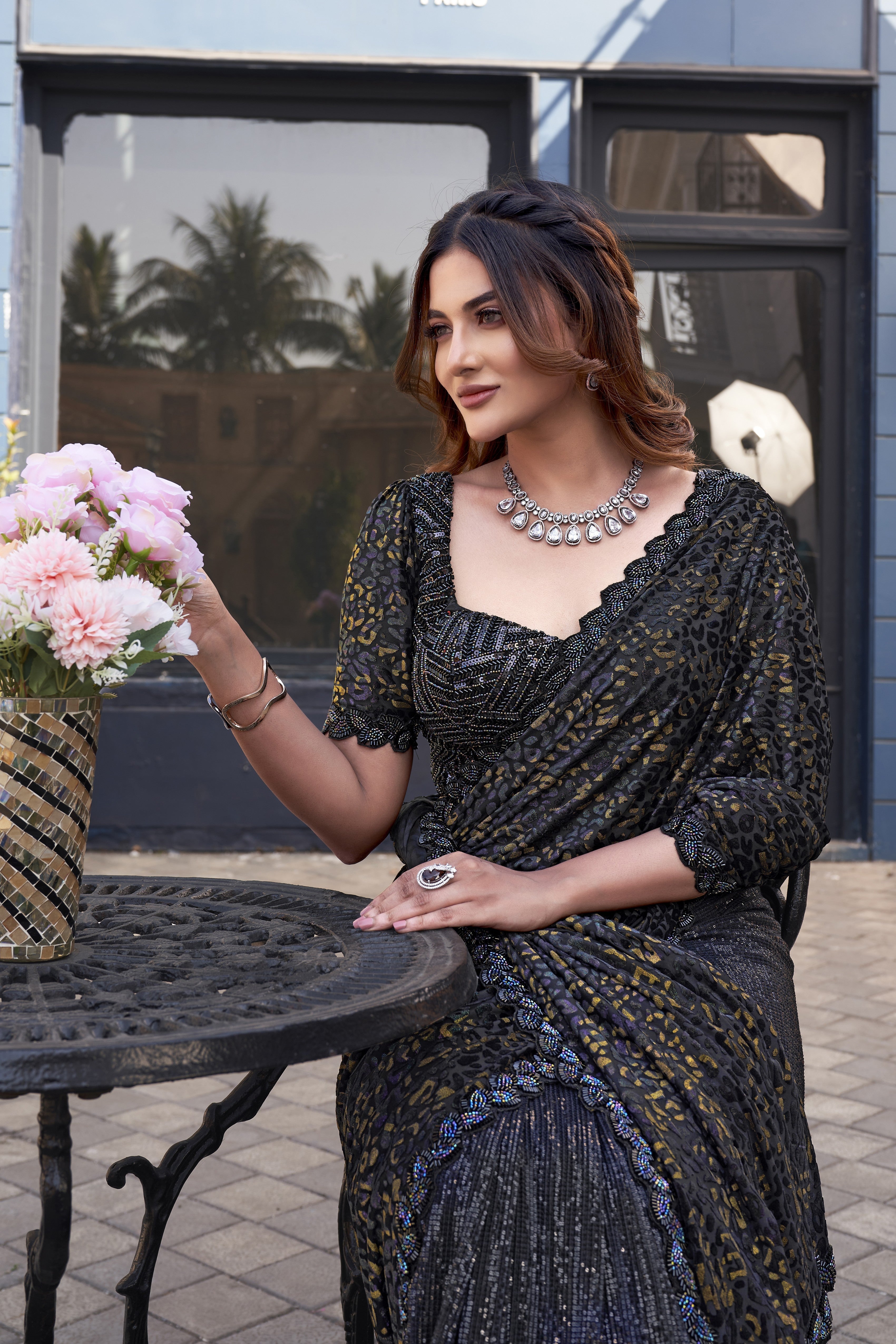 Classic Black Embellished Premium Sequins Velvet Designer Saree