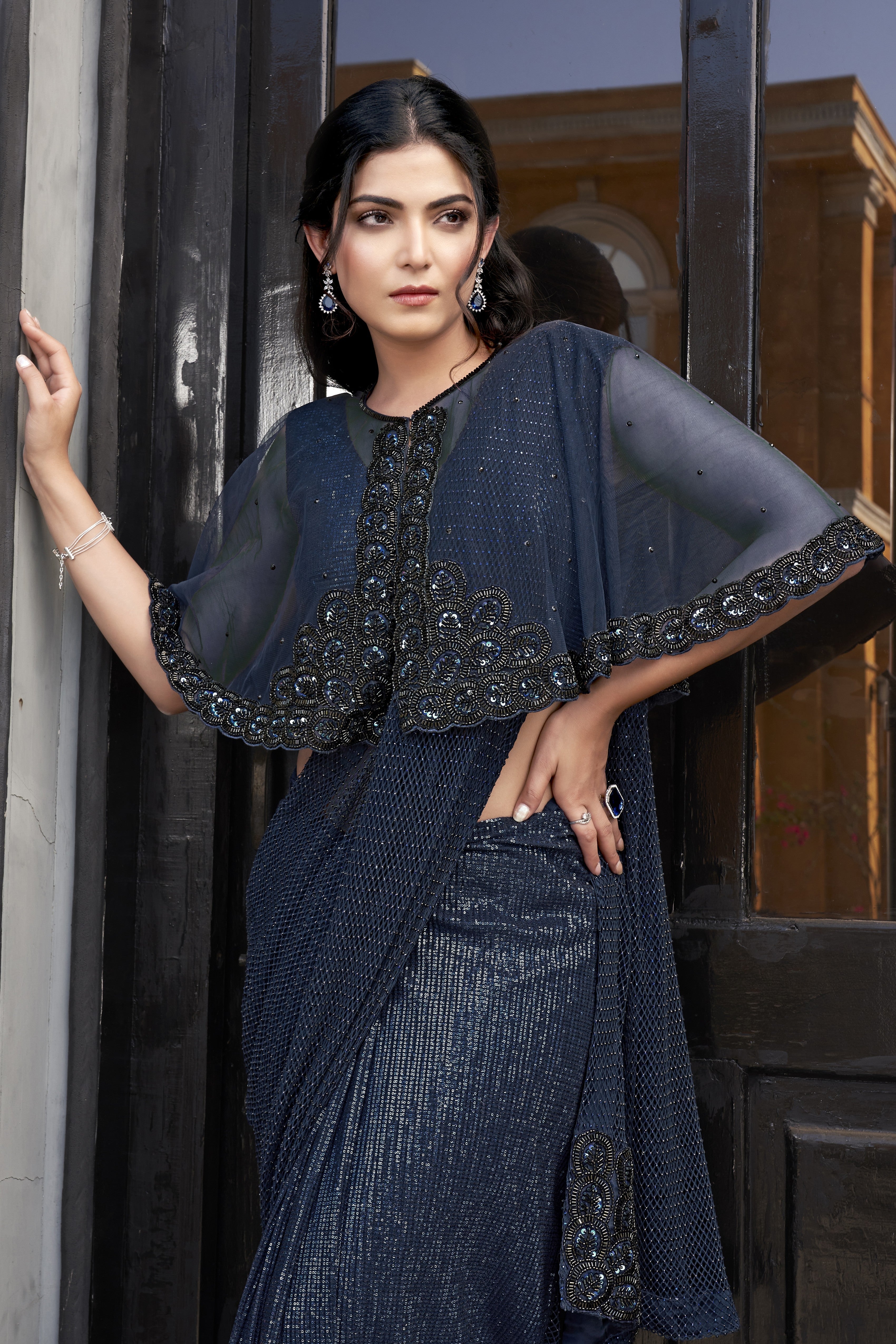 Navy Blue Embellished Premium Armani Tulle Designer Saree