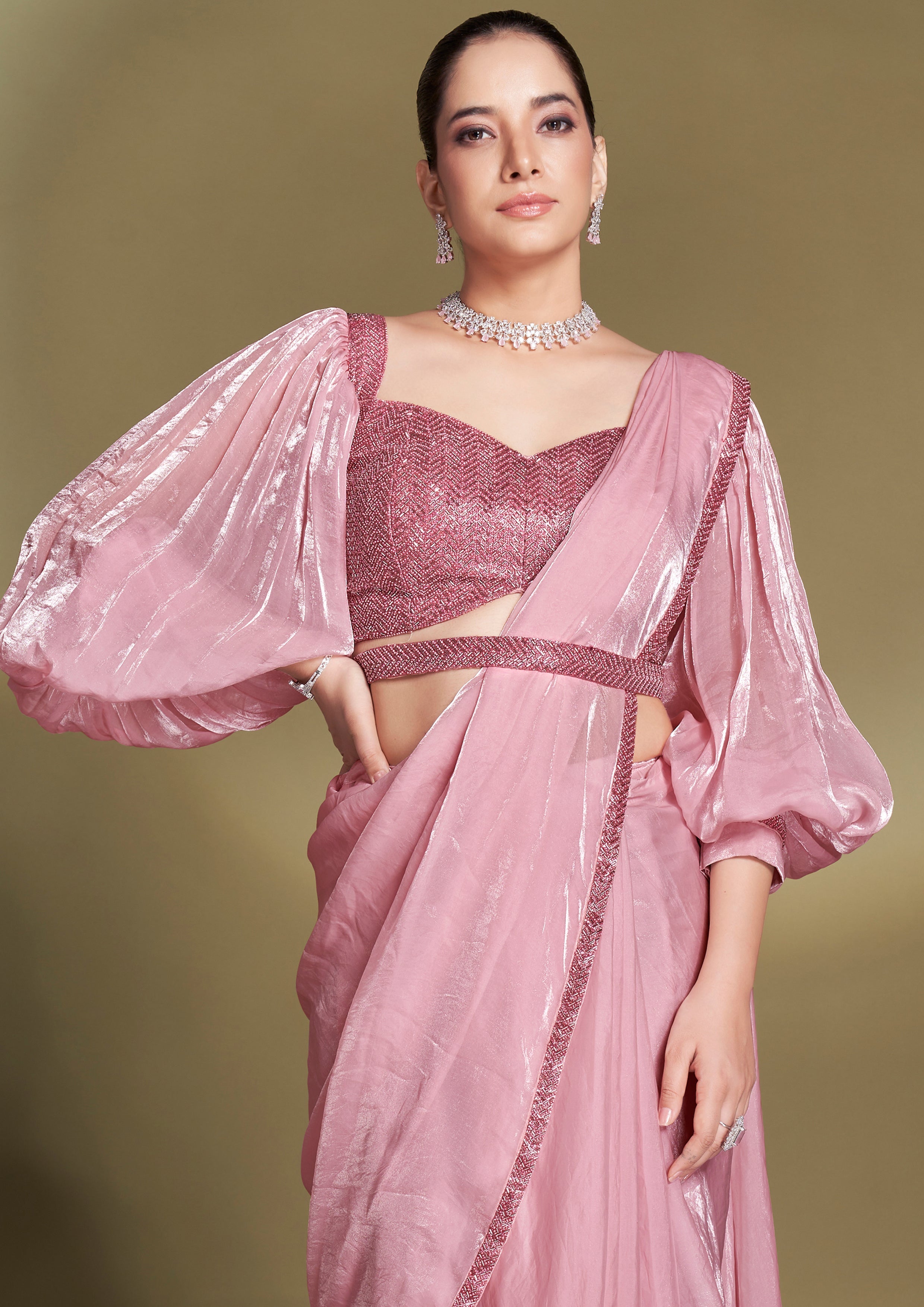Onion Pink Embellished Satin Silk Saree
