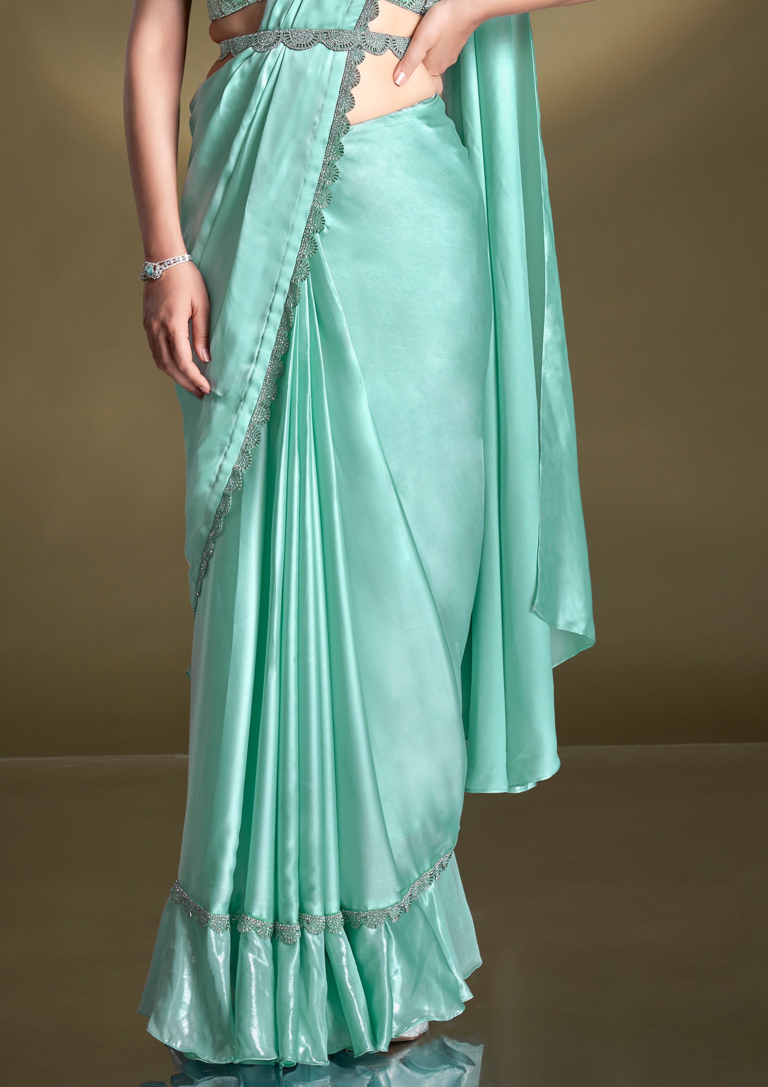 Light Turquoise Embellished Crepe Satin Silk Saree