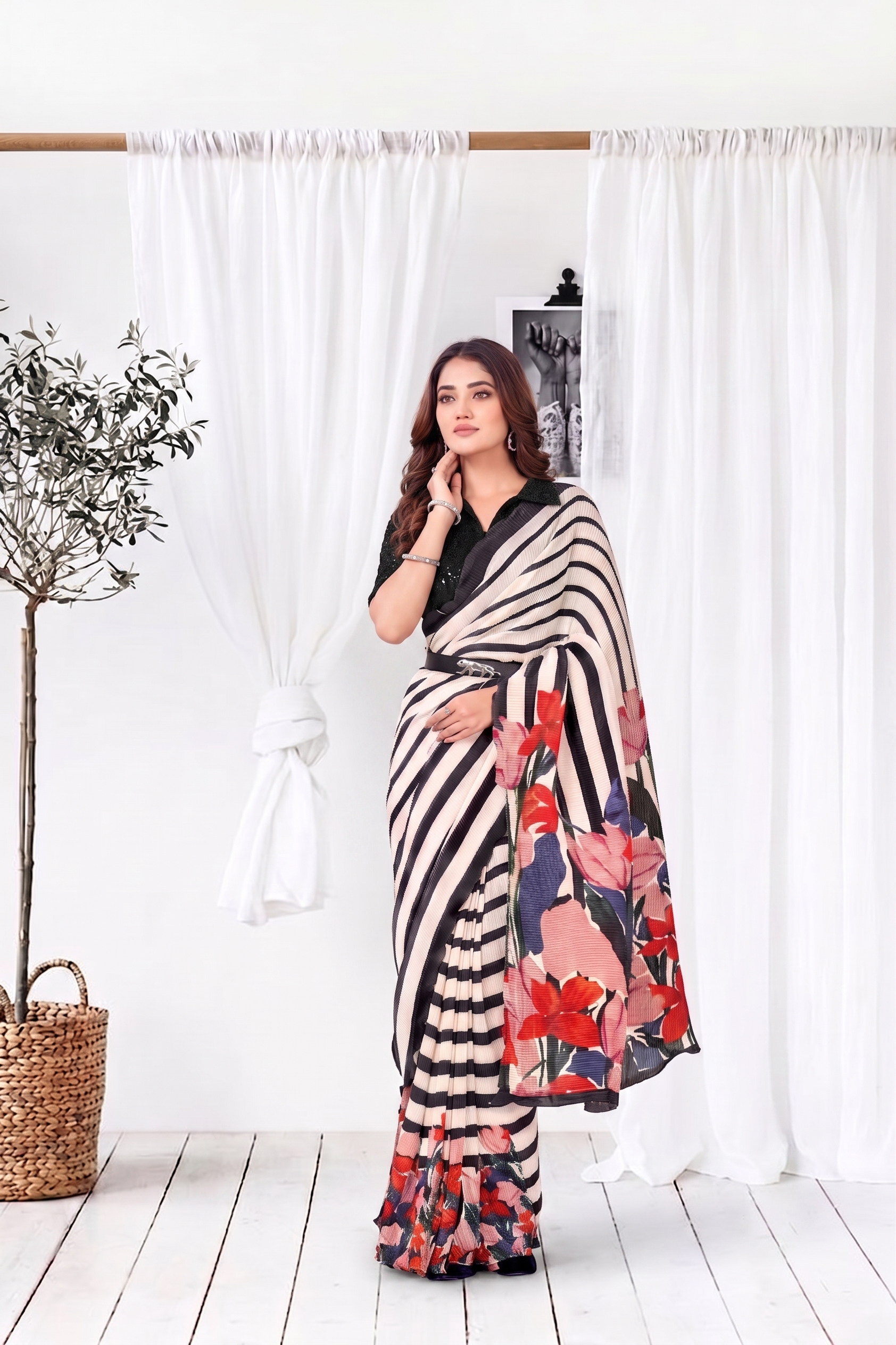 Black & White Striped Satin Silk Saree
