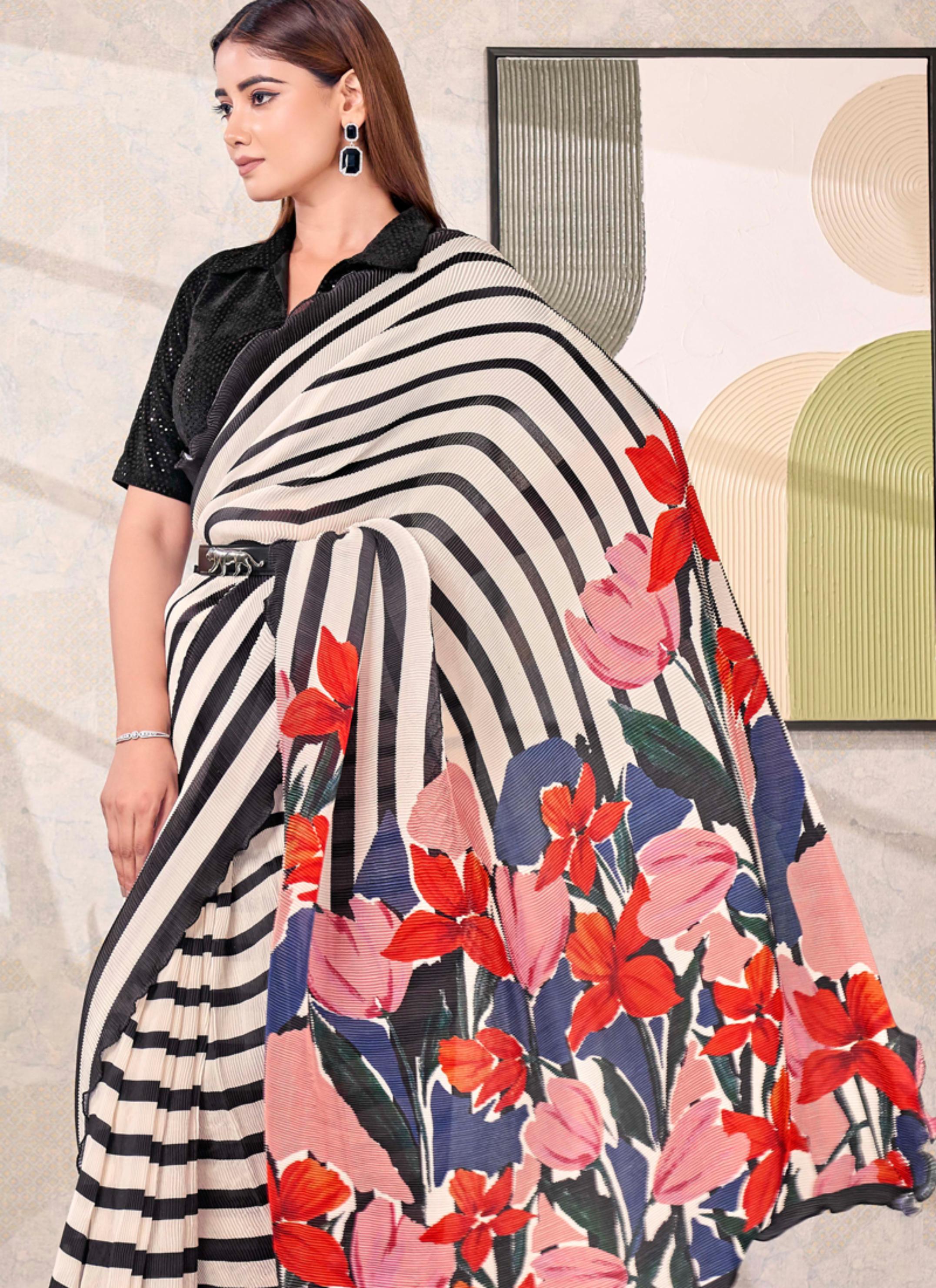 Monochrome Striped Satin Silk Saree with Floral Pallu