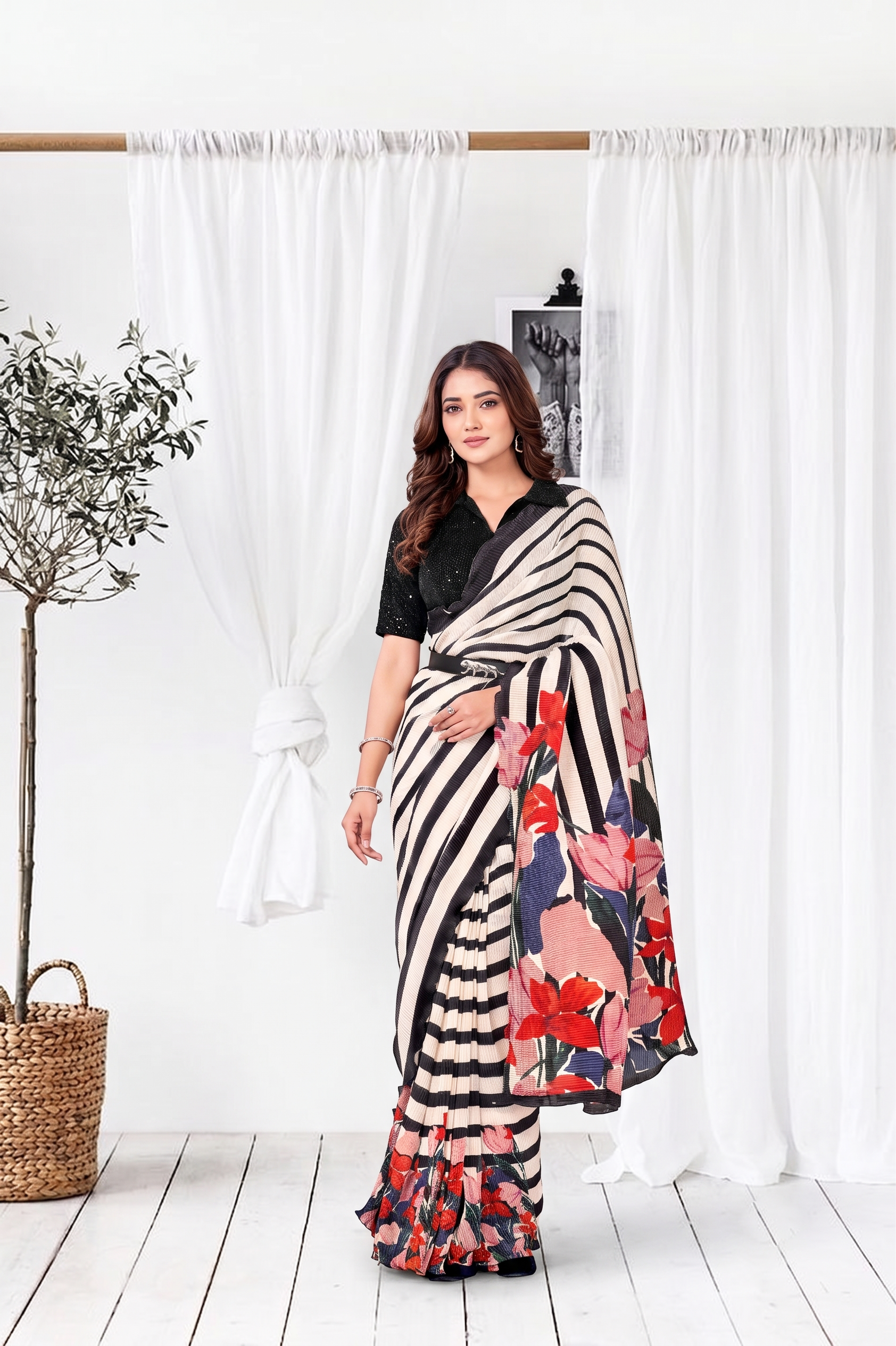 Black & White Striped Satin Silk Saree
