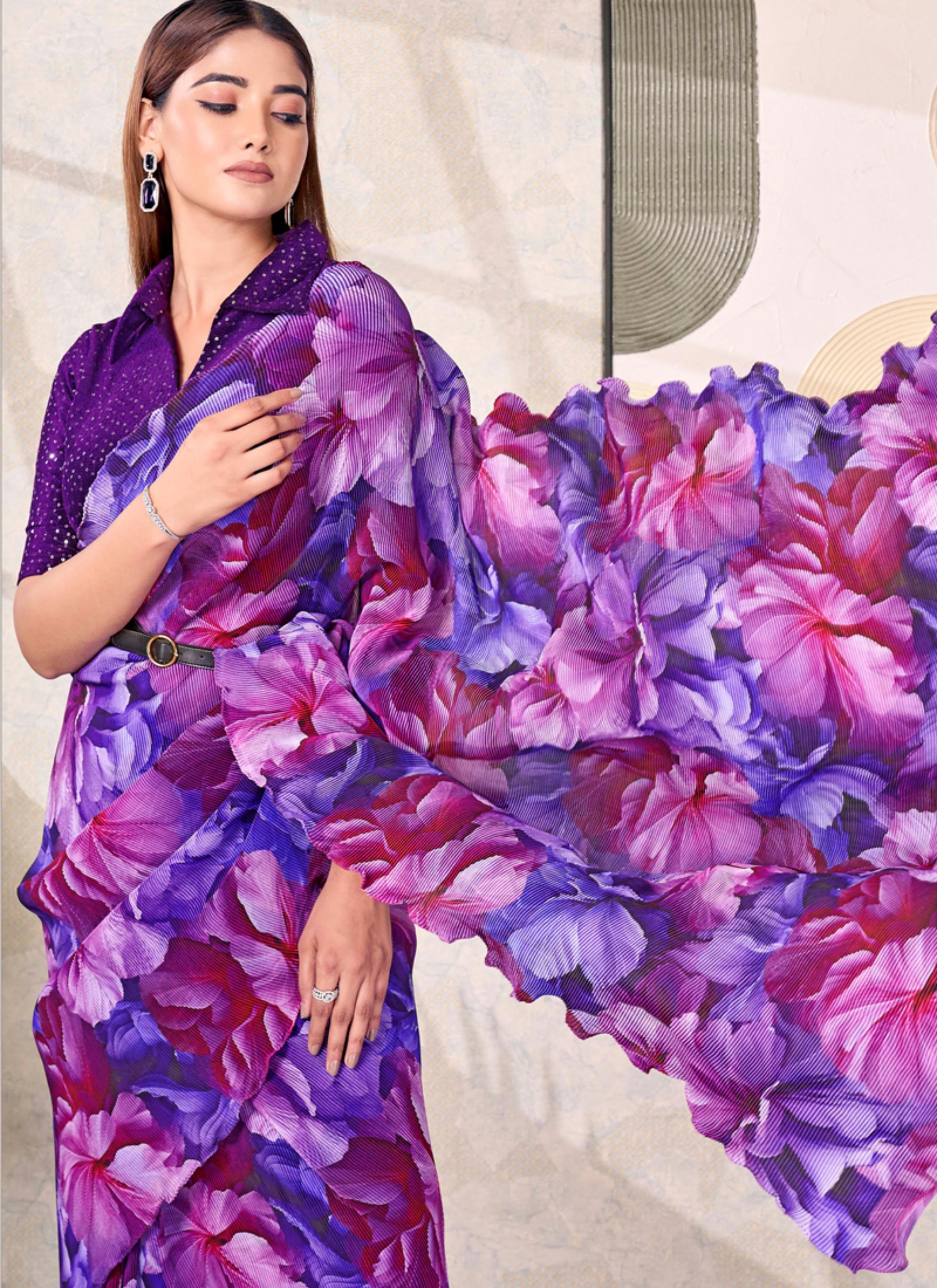 Purple Floral Satin Silk Saree with Velvet Blouse