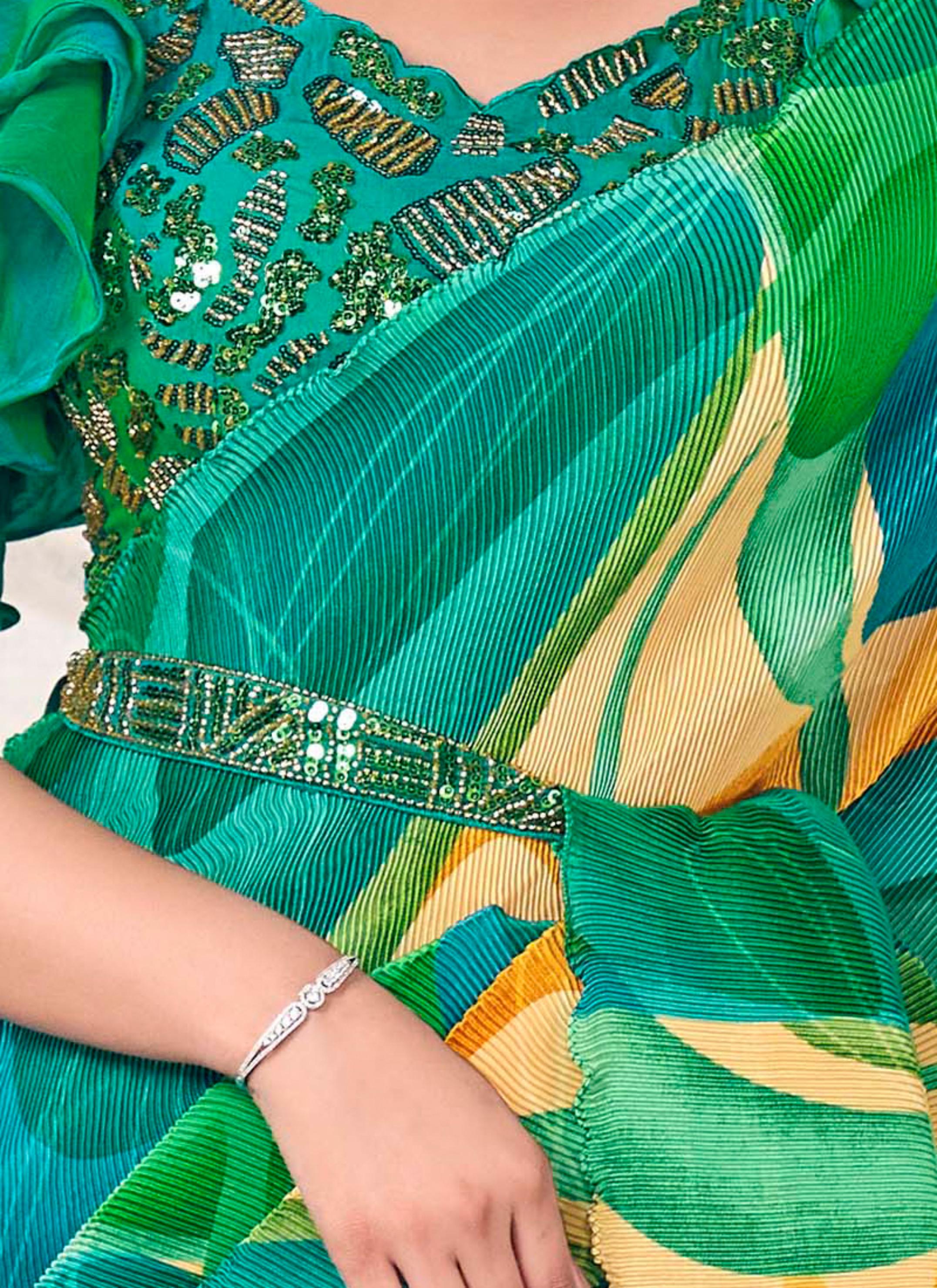 Green Swirl Satin Silk Saree