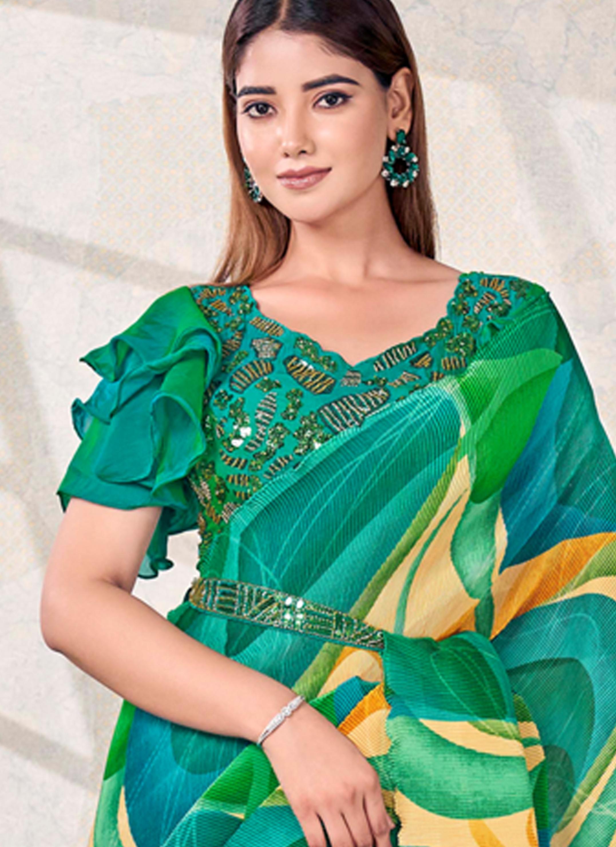 Green Swirl Satin Silk Saree