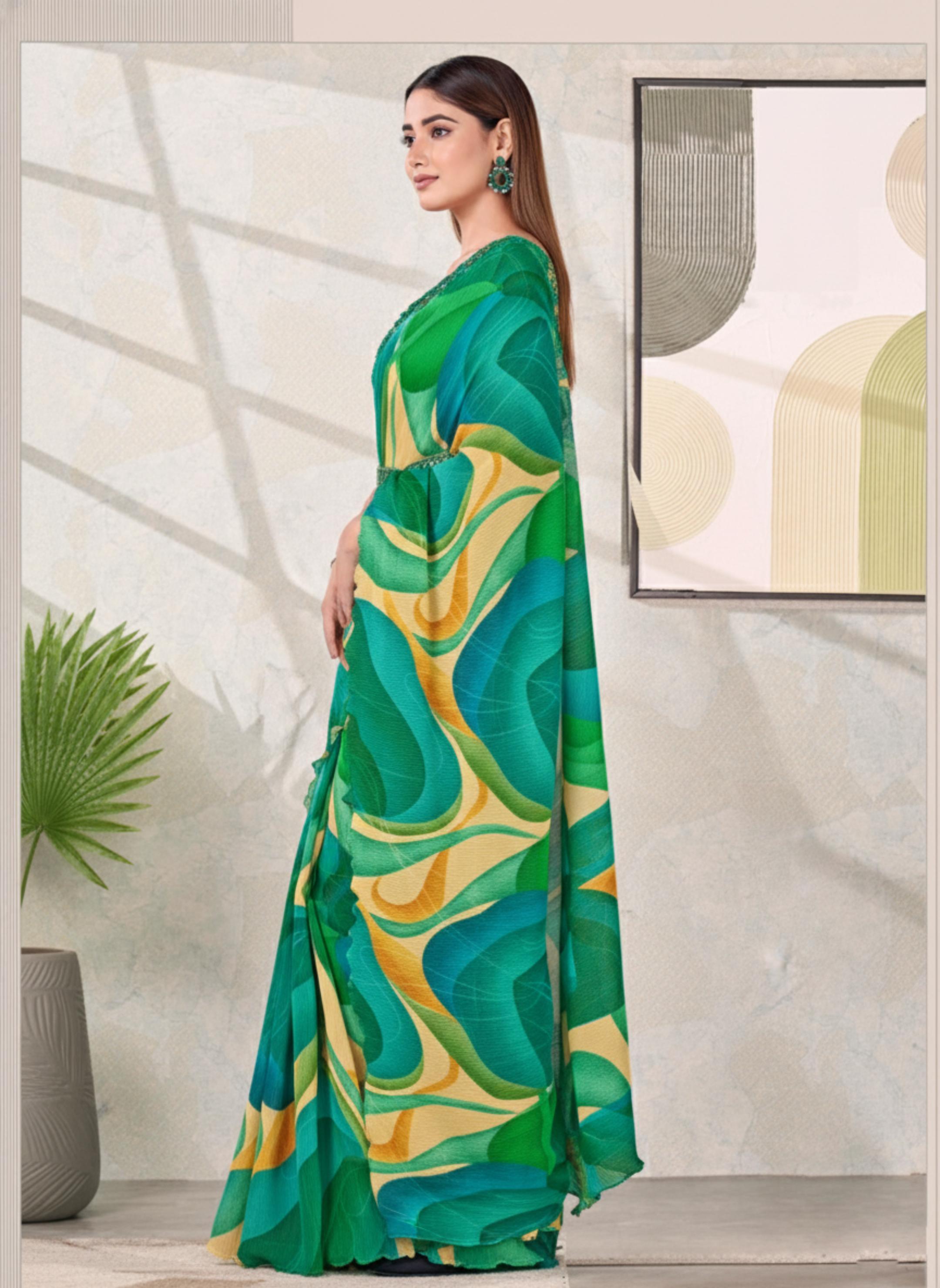 Green Swirl Satin Silk Saree