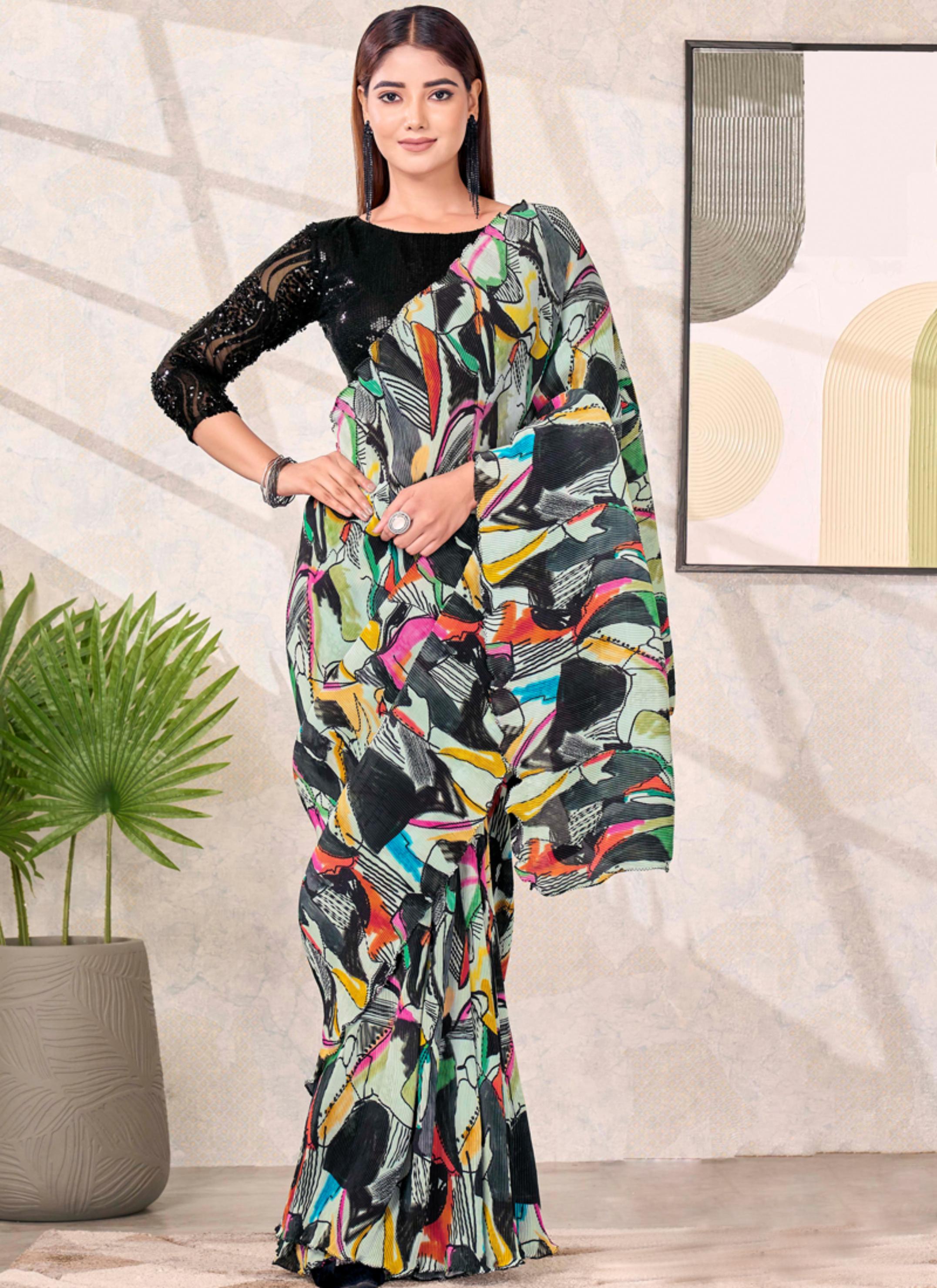 Multicolour Abstract Satin Silk Saree