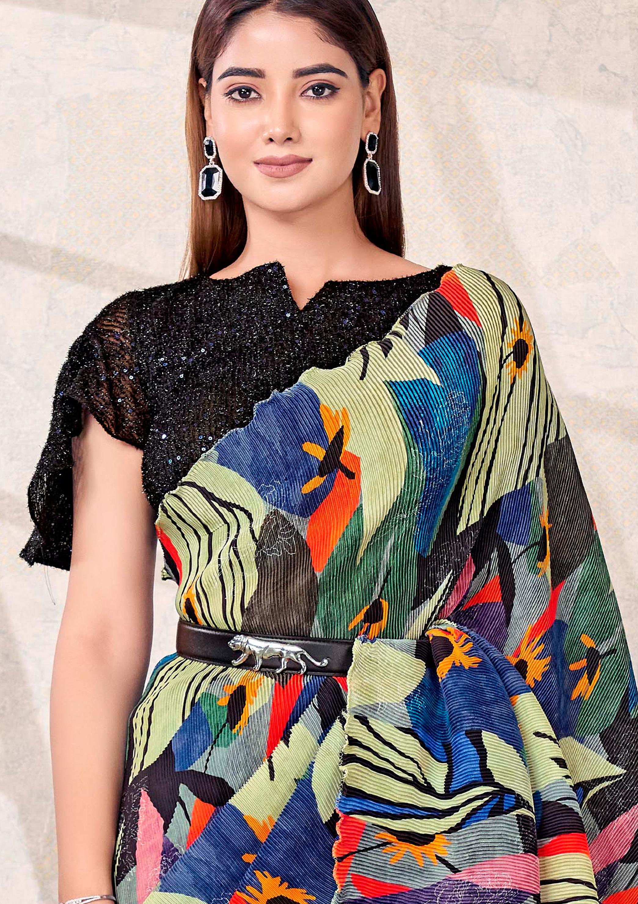 Blue-Green Abstract Satin Silk Saree