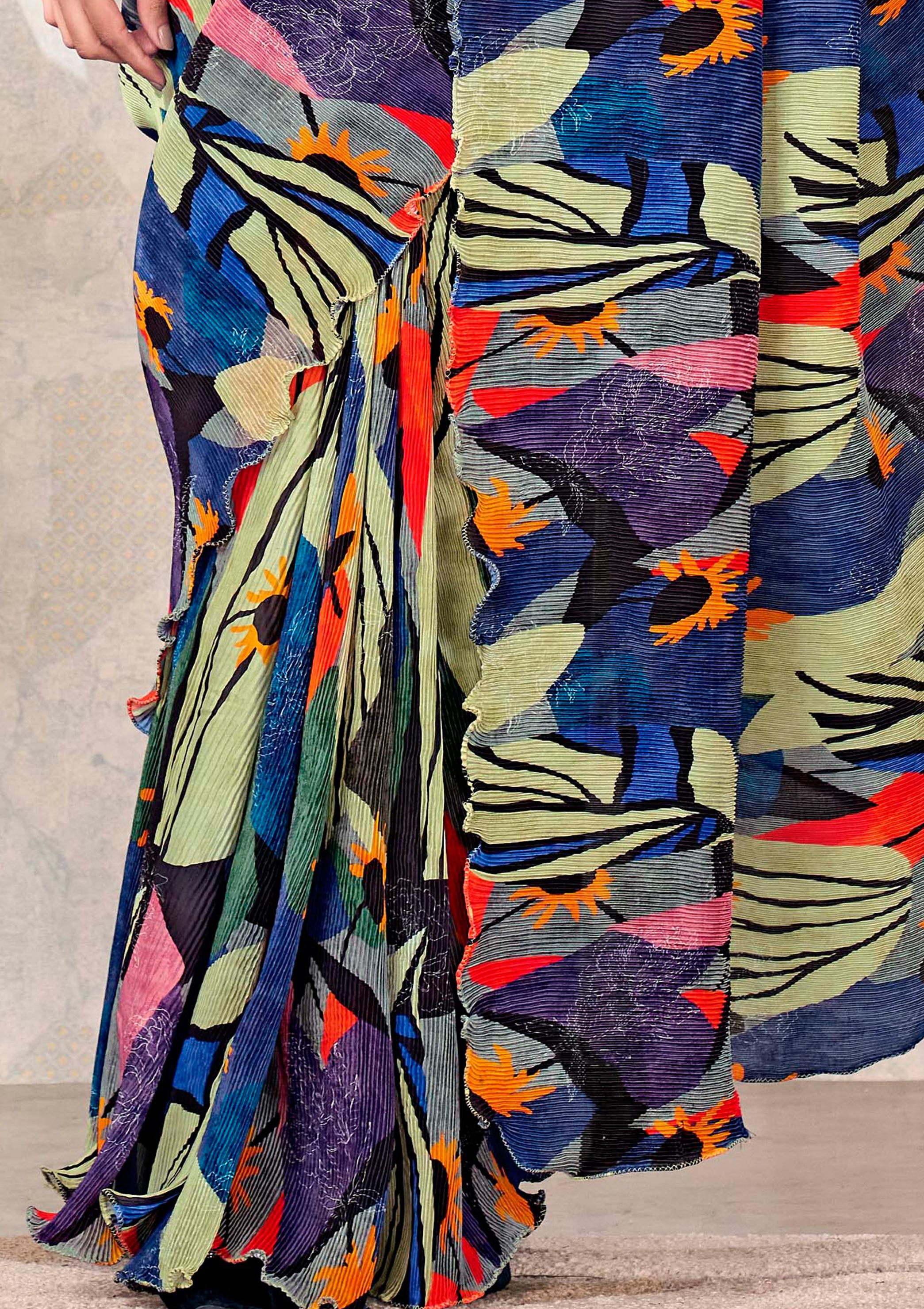 Blue-Green Abstract Satin Silk Saree