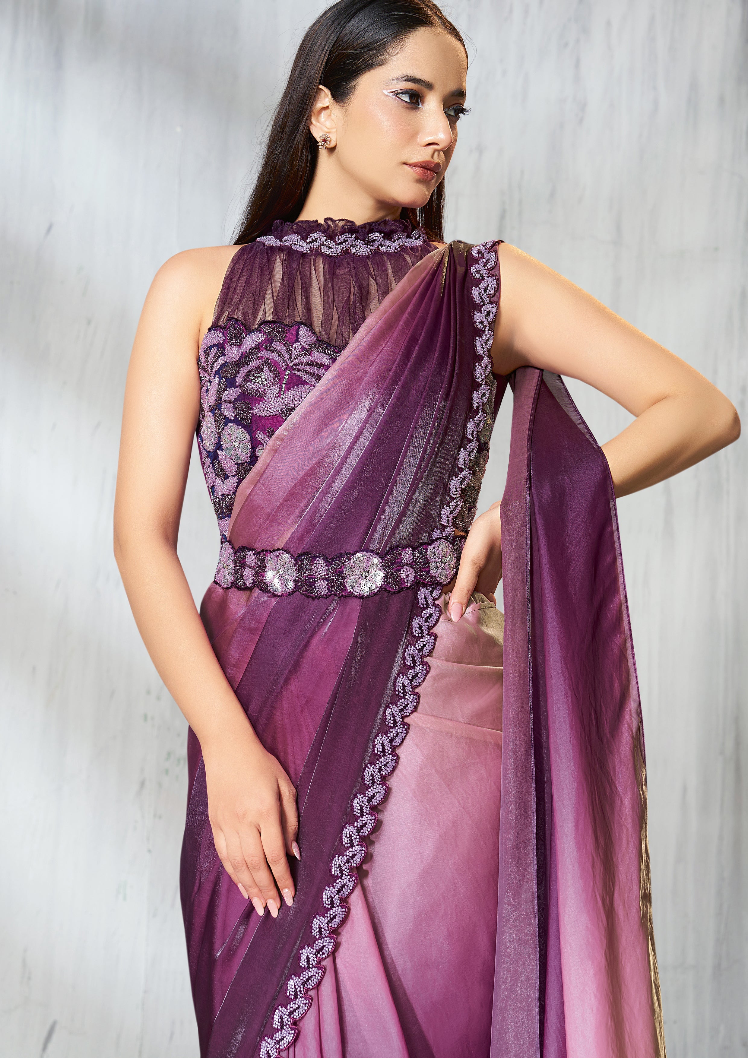 Purple Ombre Embellished Jimmy Choo Silk Saree
