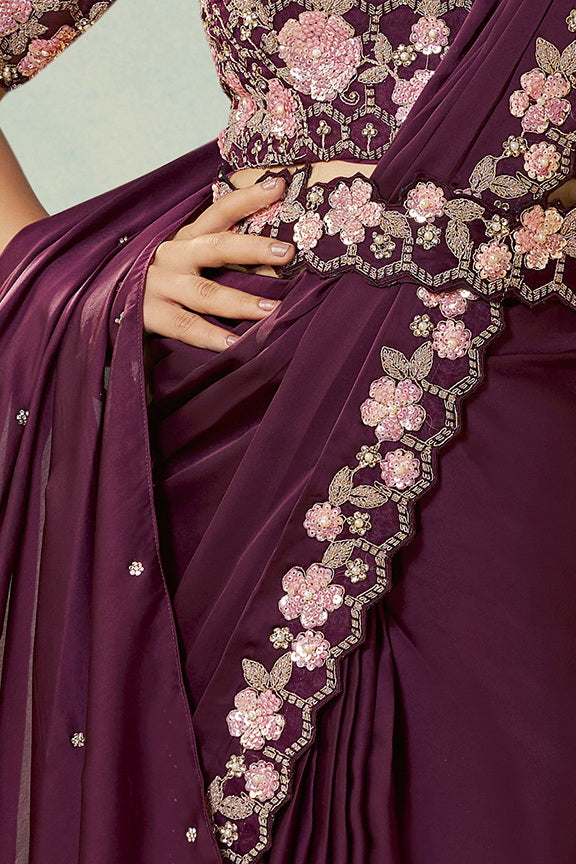 Deep Wine Embellished Satin Silk Saree