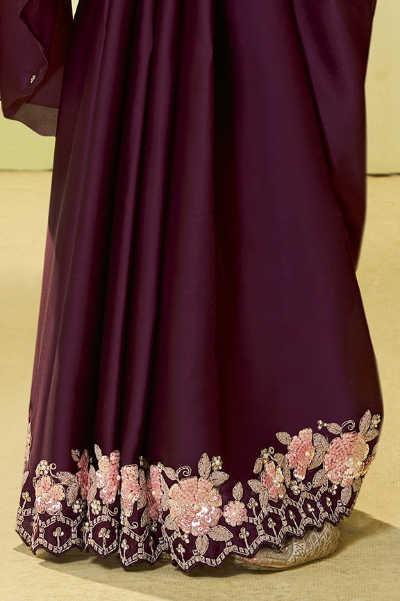 Deep Wine Embellished Satin Silk Saree