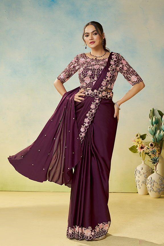Deep Wine Embellished Satin Silk Saree
