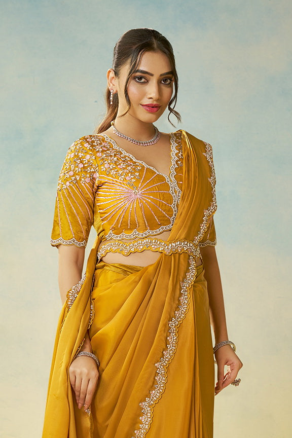 Mustard Yellow Embellished Satin Silk Saree