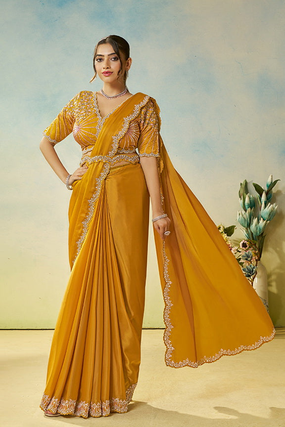 Mustard Yellow Embellished Satin Silk Saree